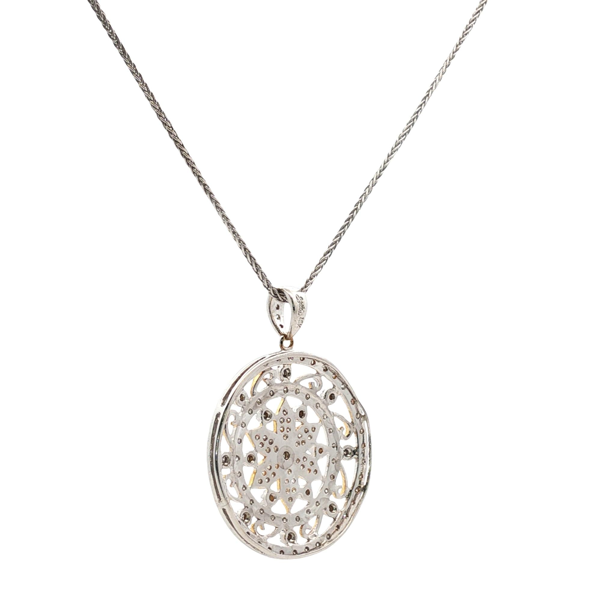 Diamond Circle Floral Design 18 Karat Two Tone Gold Modern Pendant Necklace