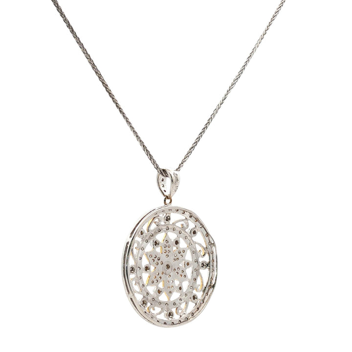 Diamond Circle Floral Design 18 Karat Two Tone Gold Modern Pendant Necklace