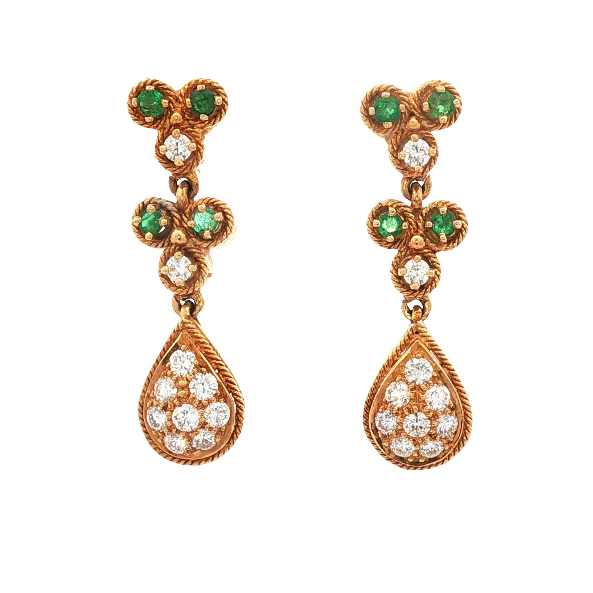 Diamond Emerald 18 Karat Yellow Gold Teardrop Vintage Earrings