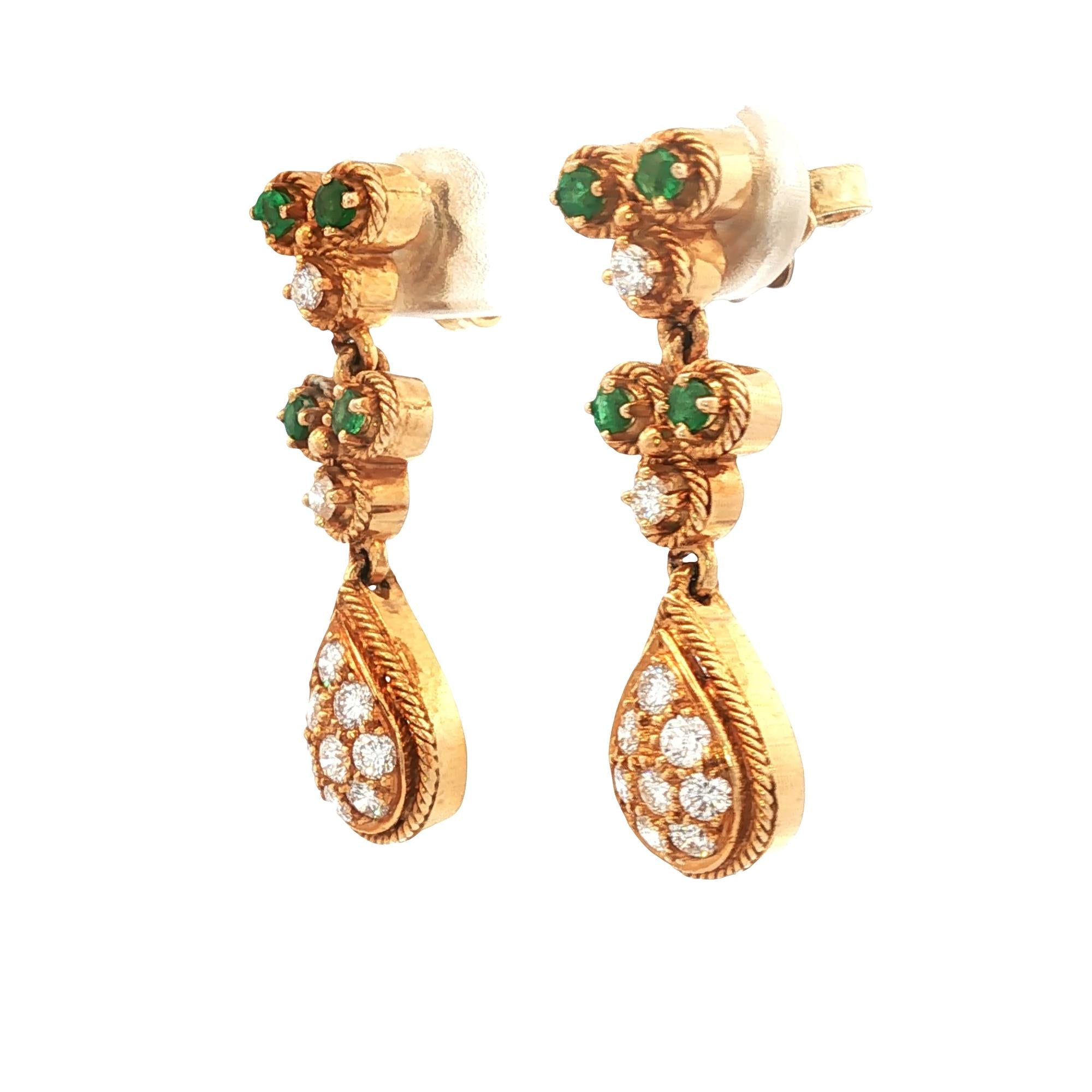 Diamond Emerald 18 Karat Yellow Gold Teardrop Vintage Earrings