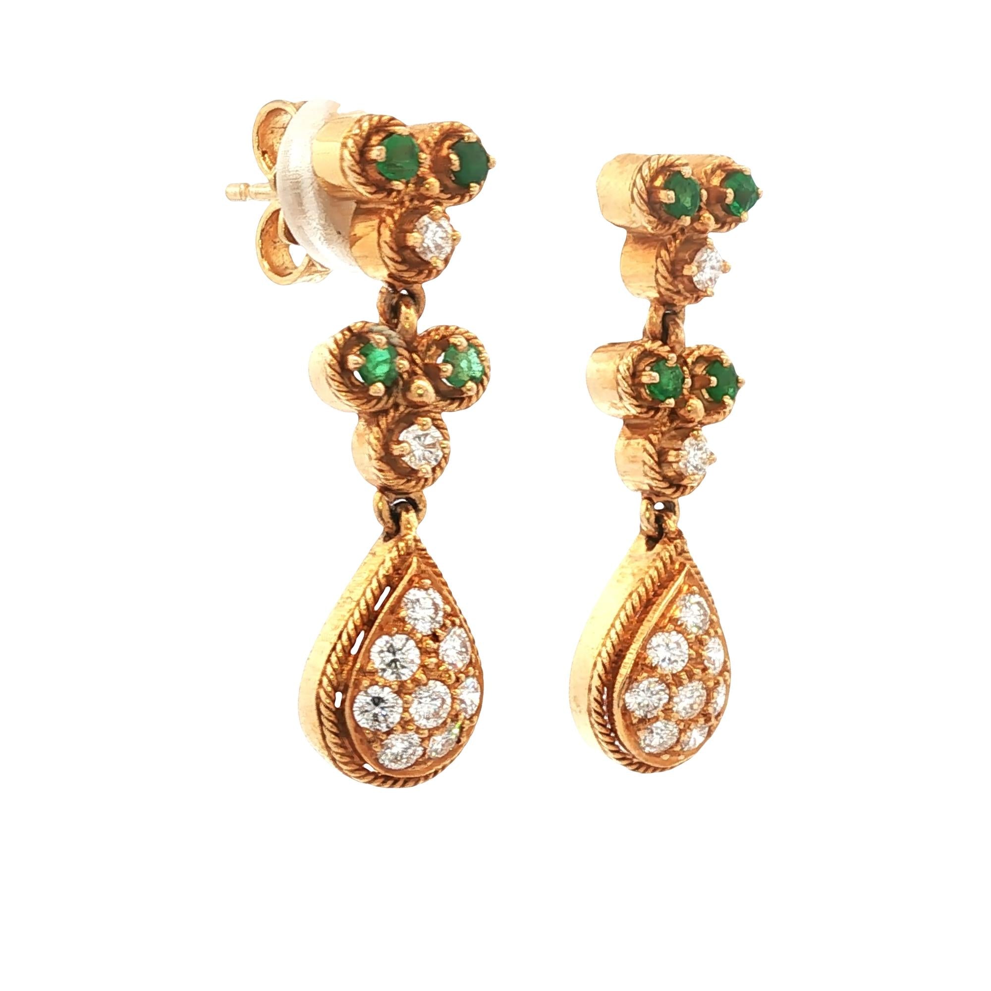 Diamond Emerald 18 Karat Yellow Gold Teardrop Vintage Earrings