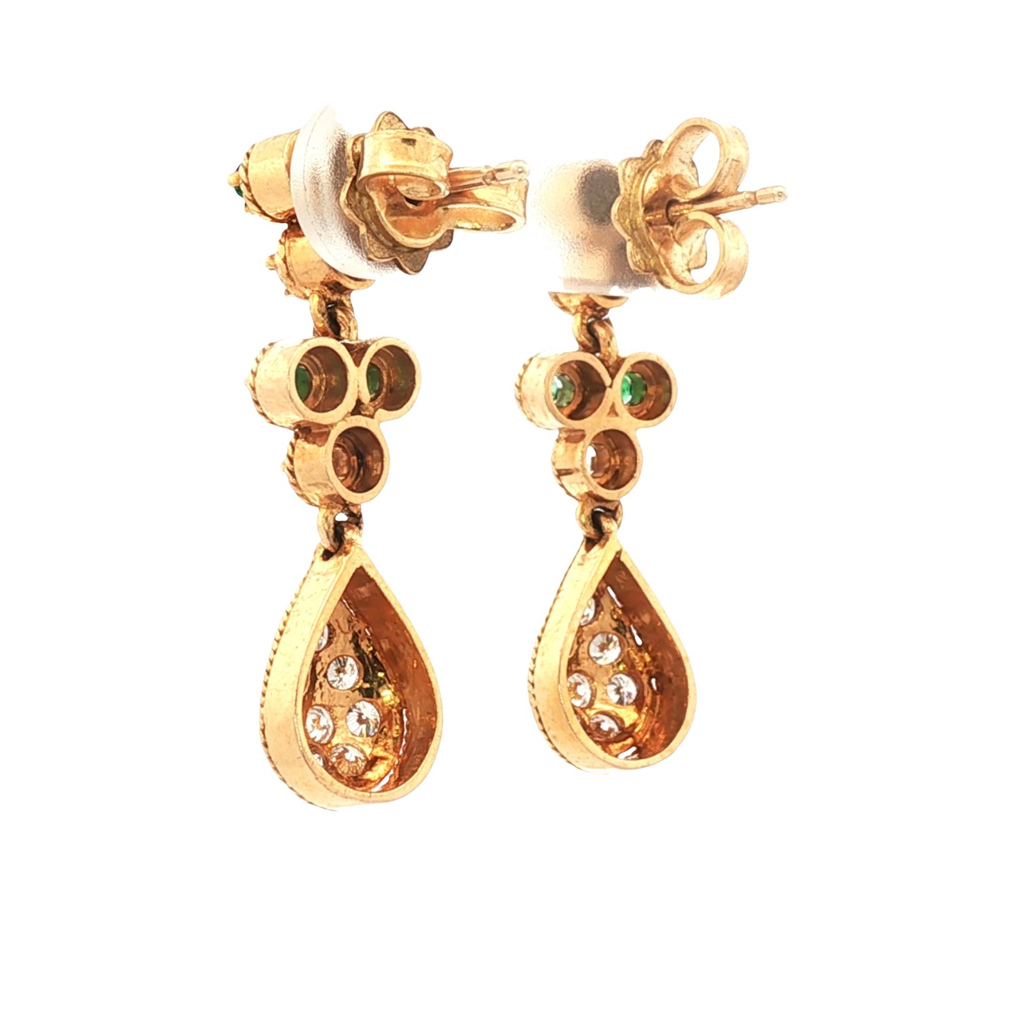 Diamond Emerald 18 Karat Yellow Gold Teardrop Vintage Earrings
