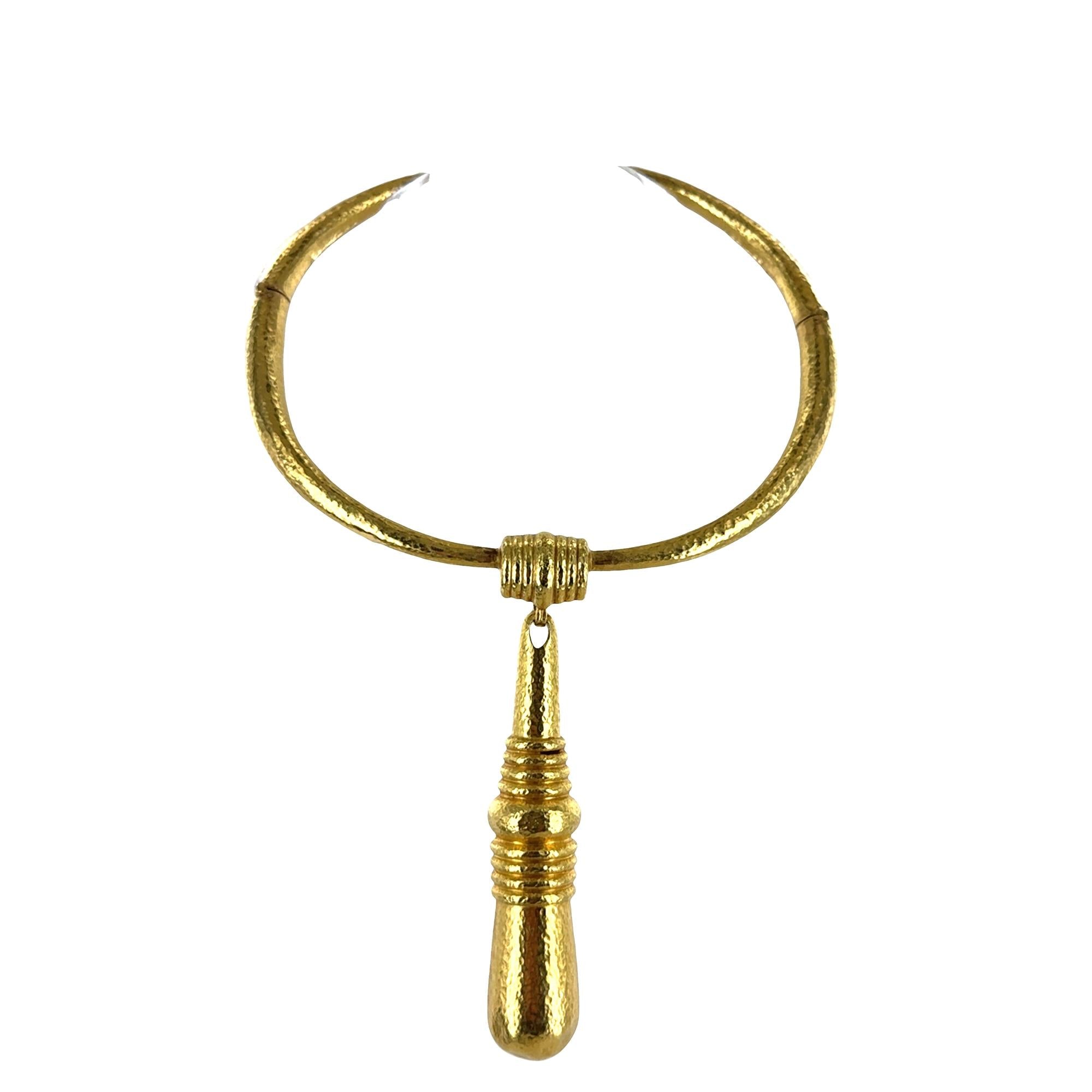 Ilias Lalaounis Hammered Finish 21K Yellow Gold Collar Necklace Drop Pendant