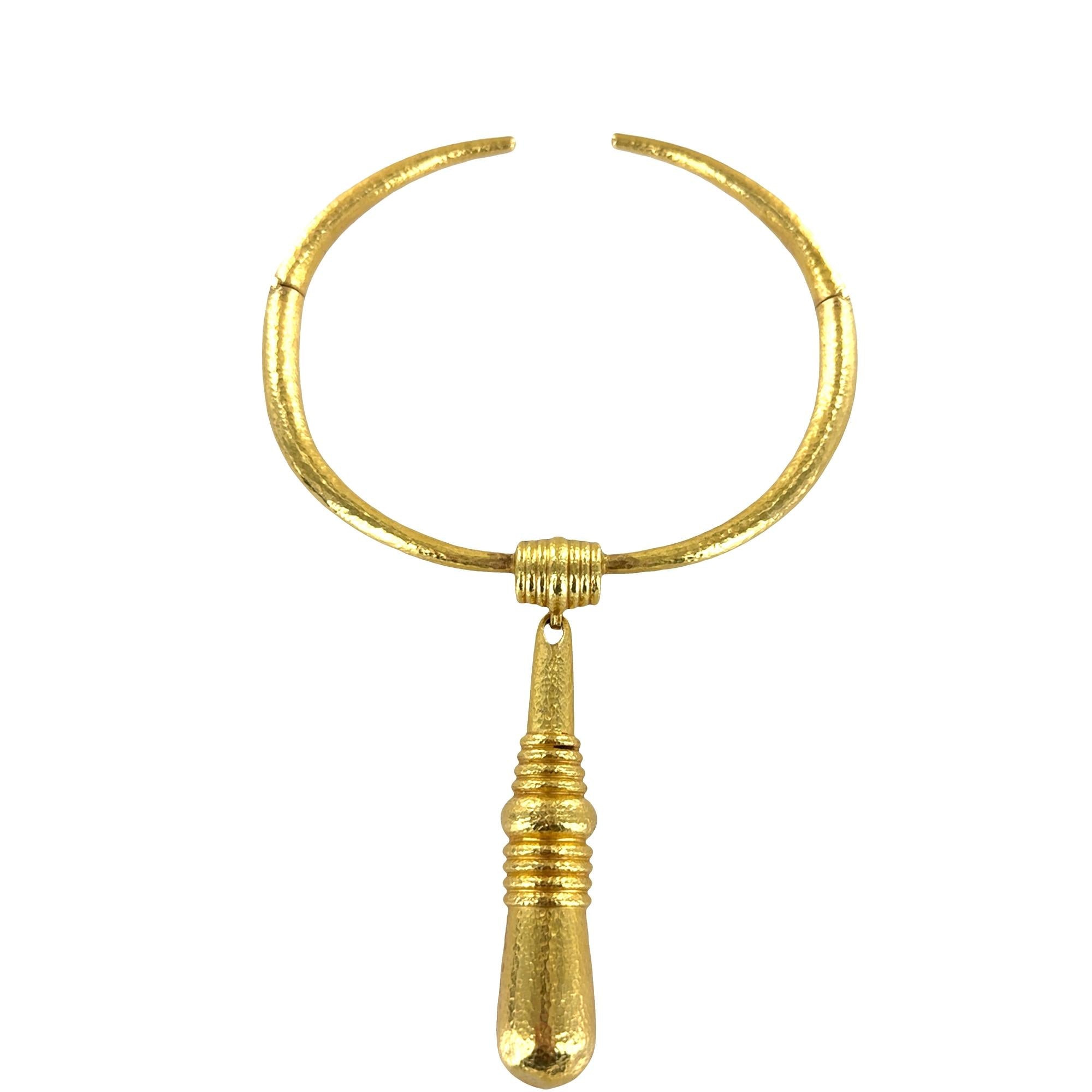 Ilias Lalaounis Hammered Finish 21K Yellow Gold Collar Necklace Drop Pendant