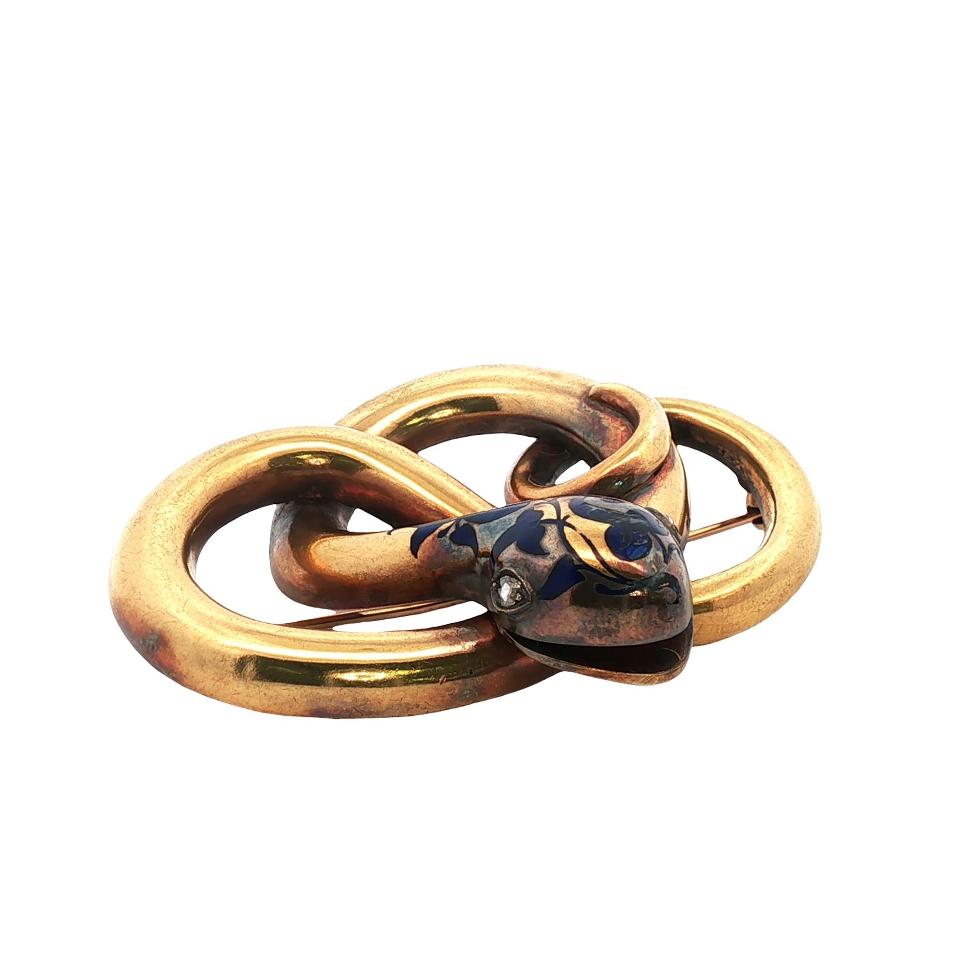 Victorian Enamel & Rose Cut Diamond 18 Karat Yellow Gold Snake Brooch