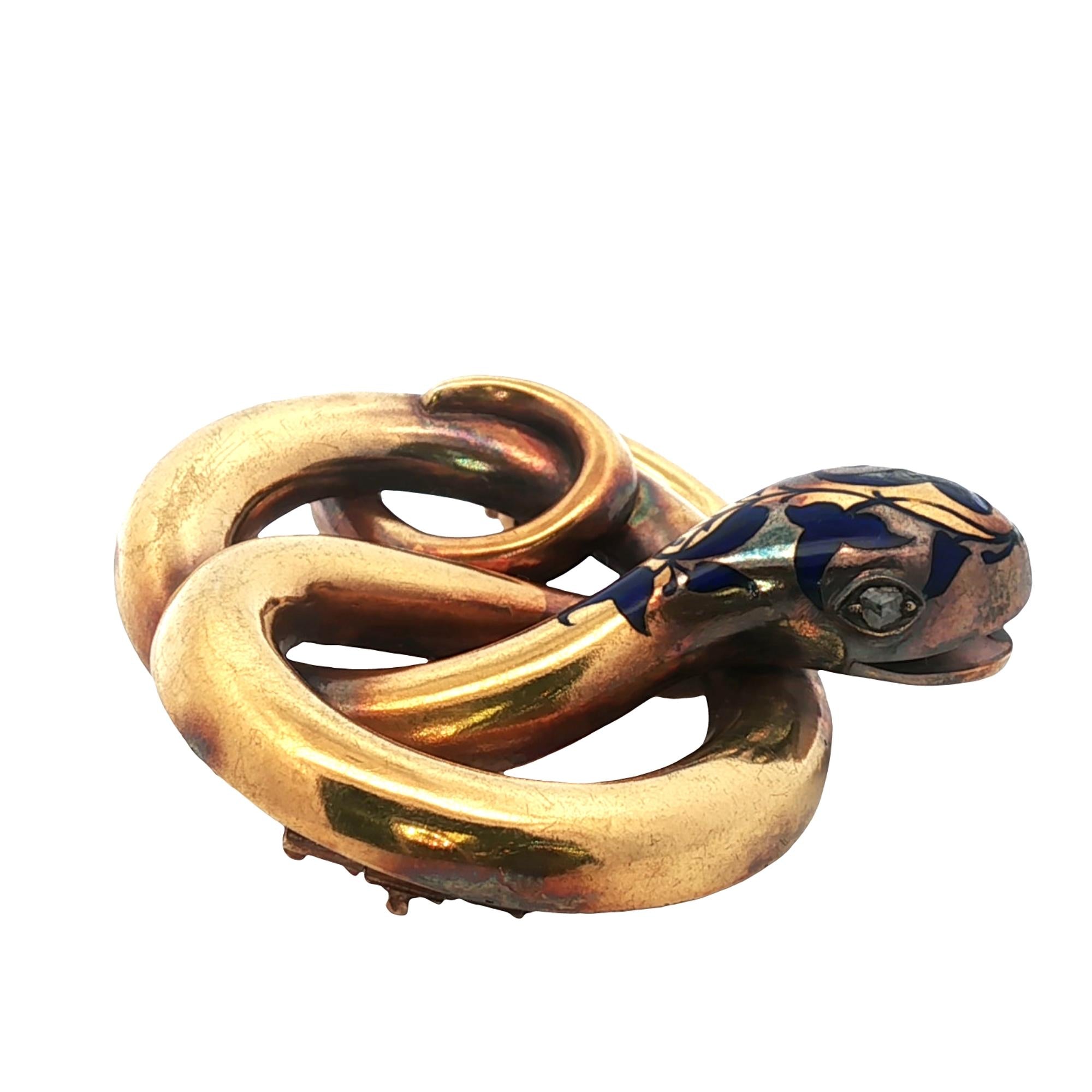 Victorian Enamel & Rose Cut Diamond 18 Karat Yellow Gold Snake Brooch