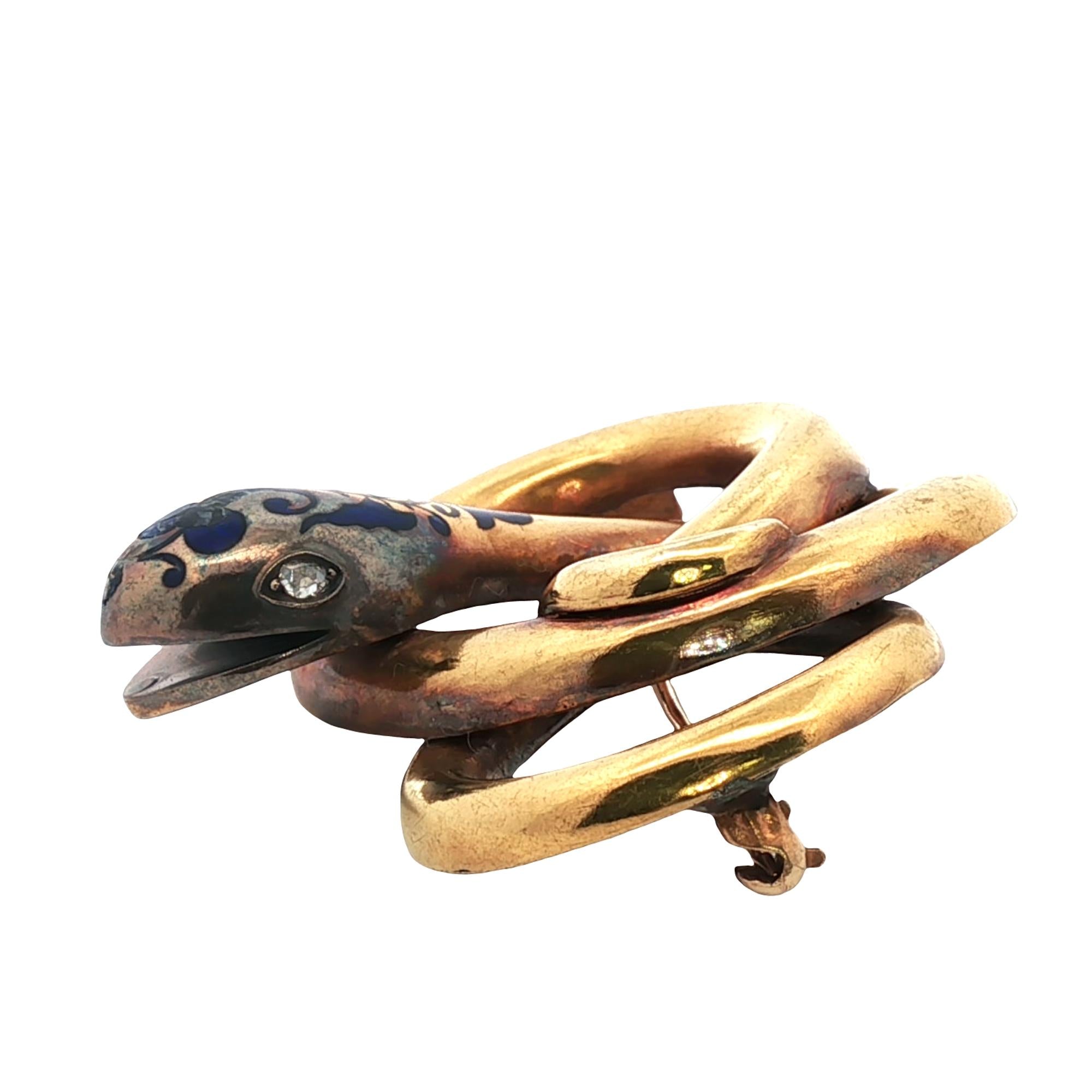 Victorian Enamel & Rose Cut Diamond 18 Karat Yellow Gold Snake Brooch