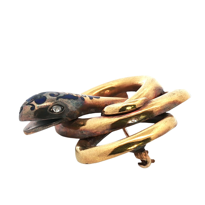 Victorian Enamel & Rose Cut Diamond 18 Karat Yellow Gold Snake Brooch