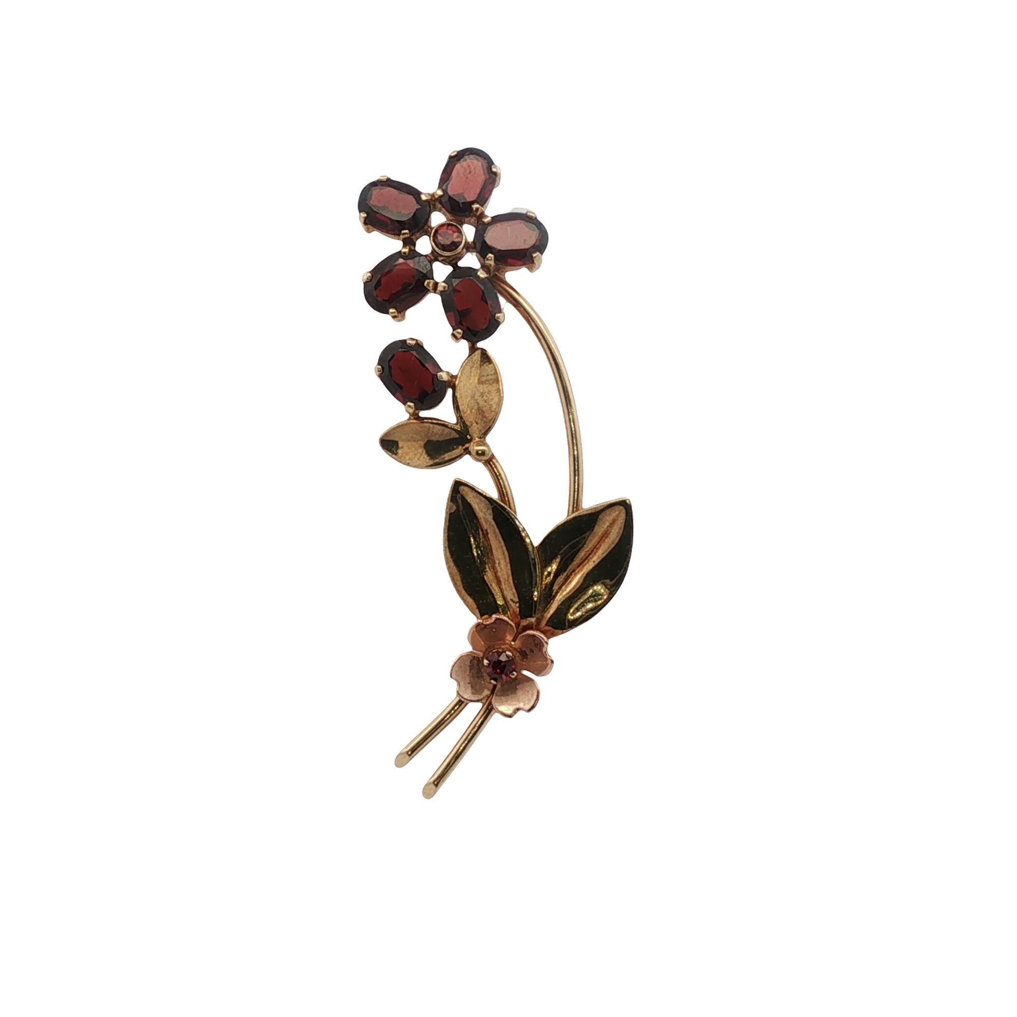 Mid-20th Century Tiffany & Co. Garnet Flower 14 Karat Yellow & Rose Gold Brooch