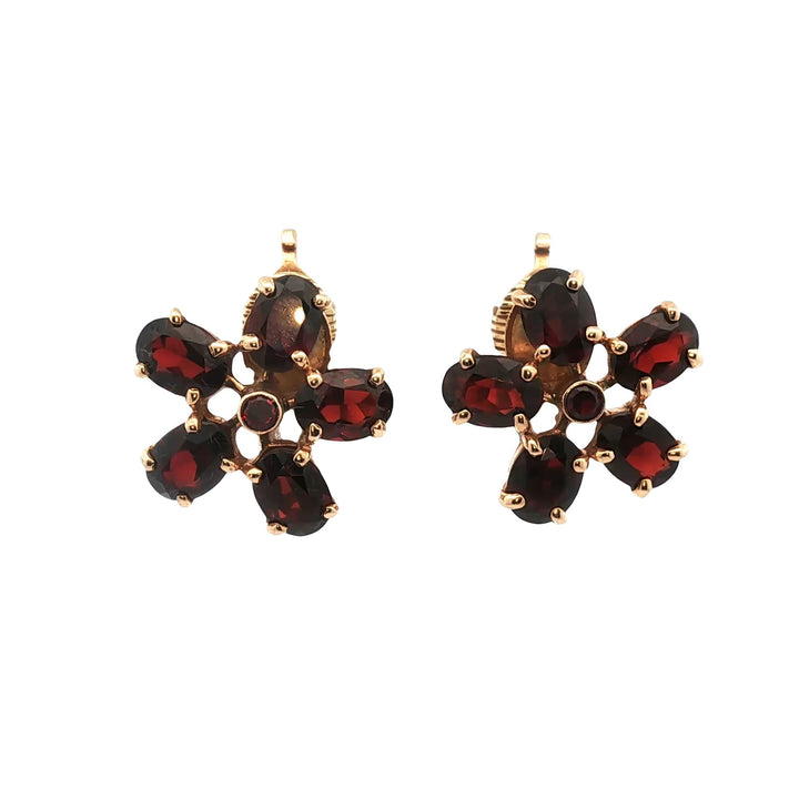 Mid-20th Century Garnet 14 Karat Yellow Gold Floral Ear Clip Earrings