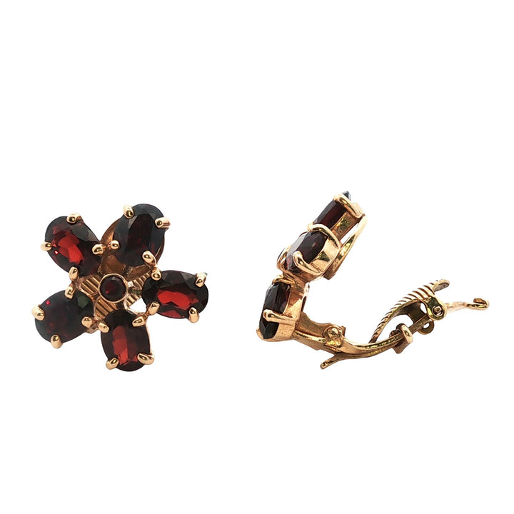 Mid-20th Century Garnet 14 Karat Yellow Gold Floral Ear Clip Earrings