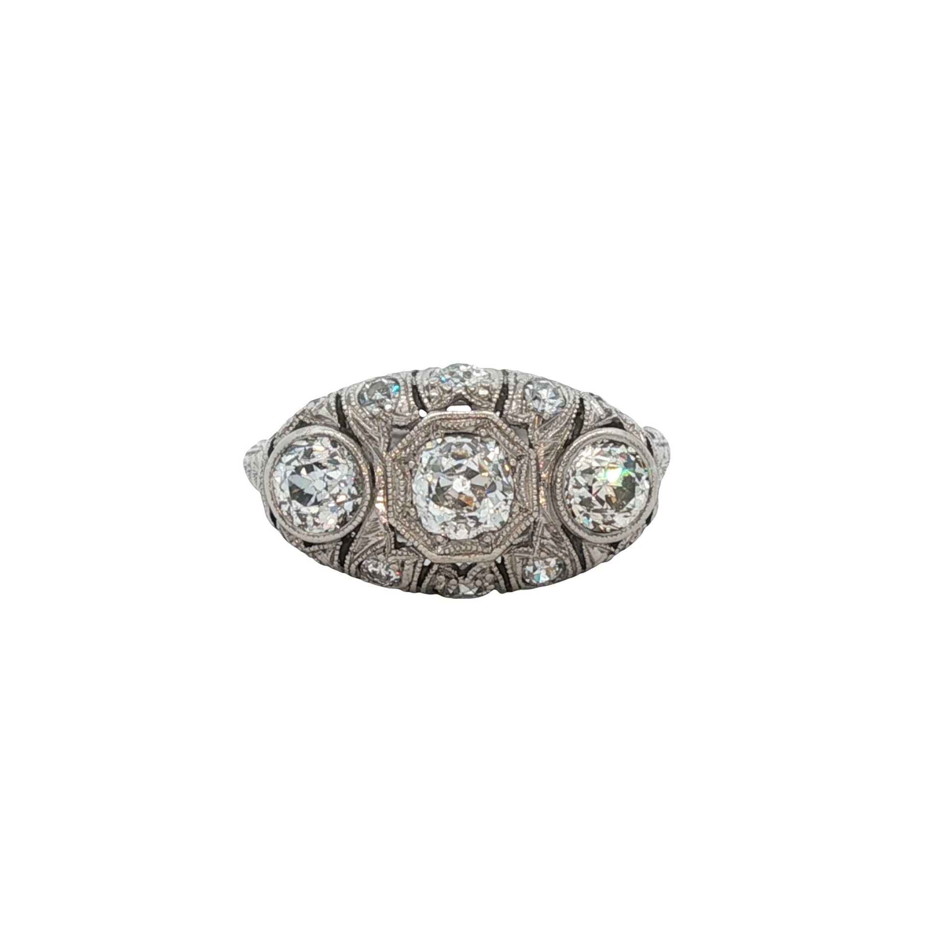 Art Deco Old European Cut Diamond Platinum Three Stone Ring