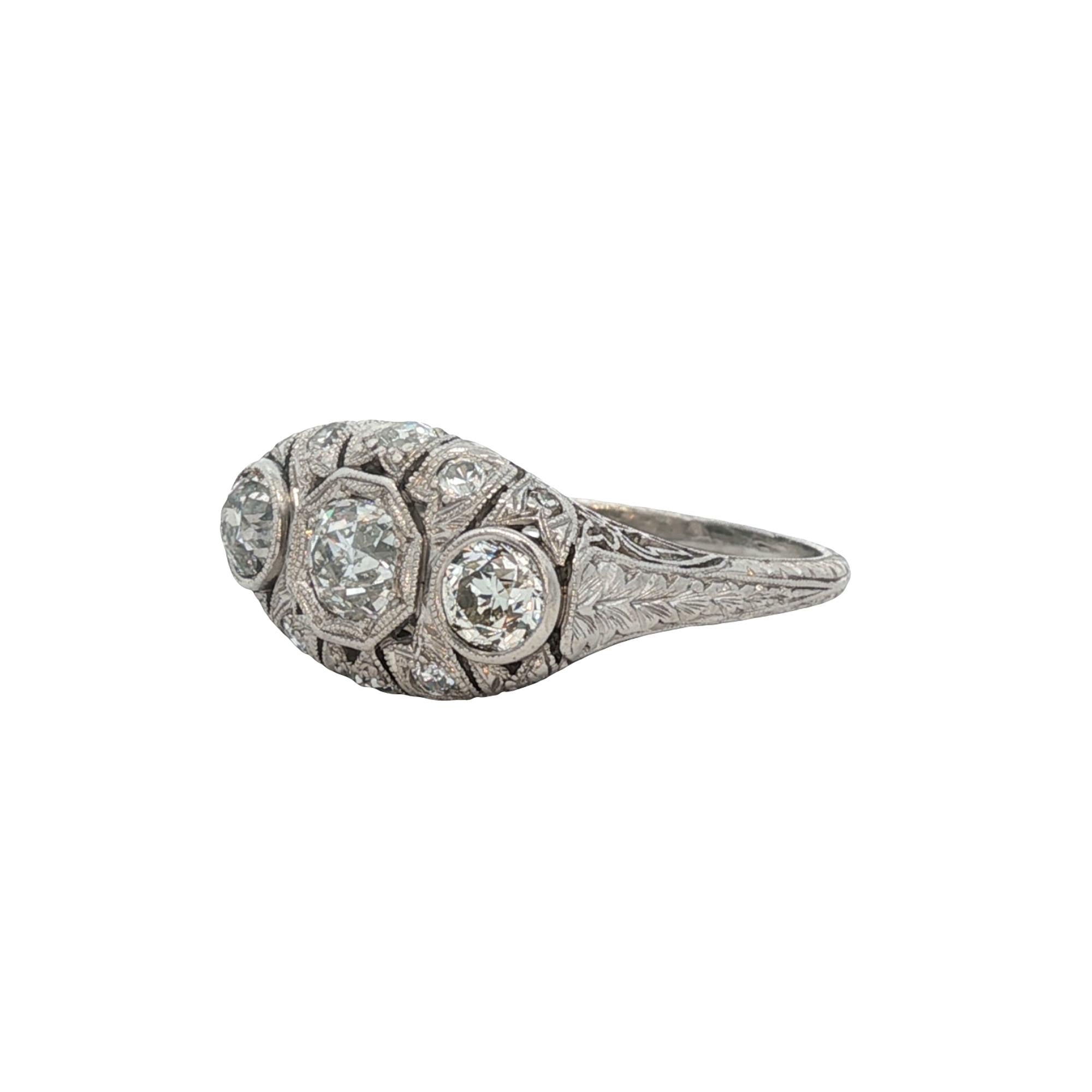 Art Deco Old European Cut Diamond Platinum Three Stone Ring