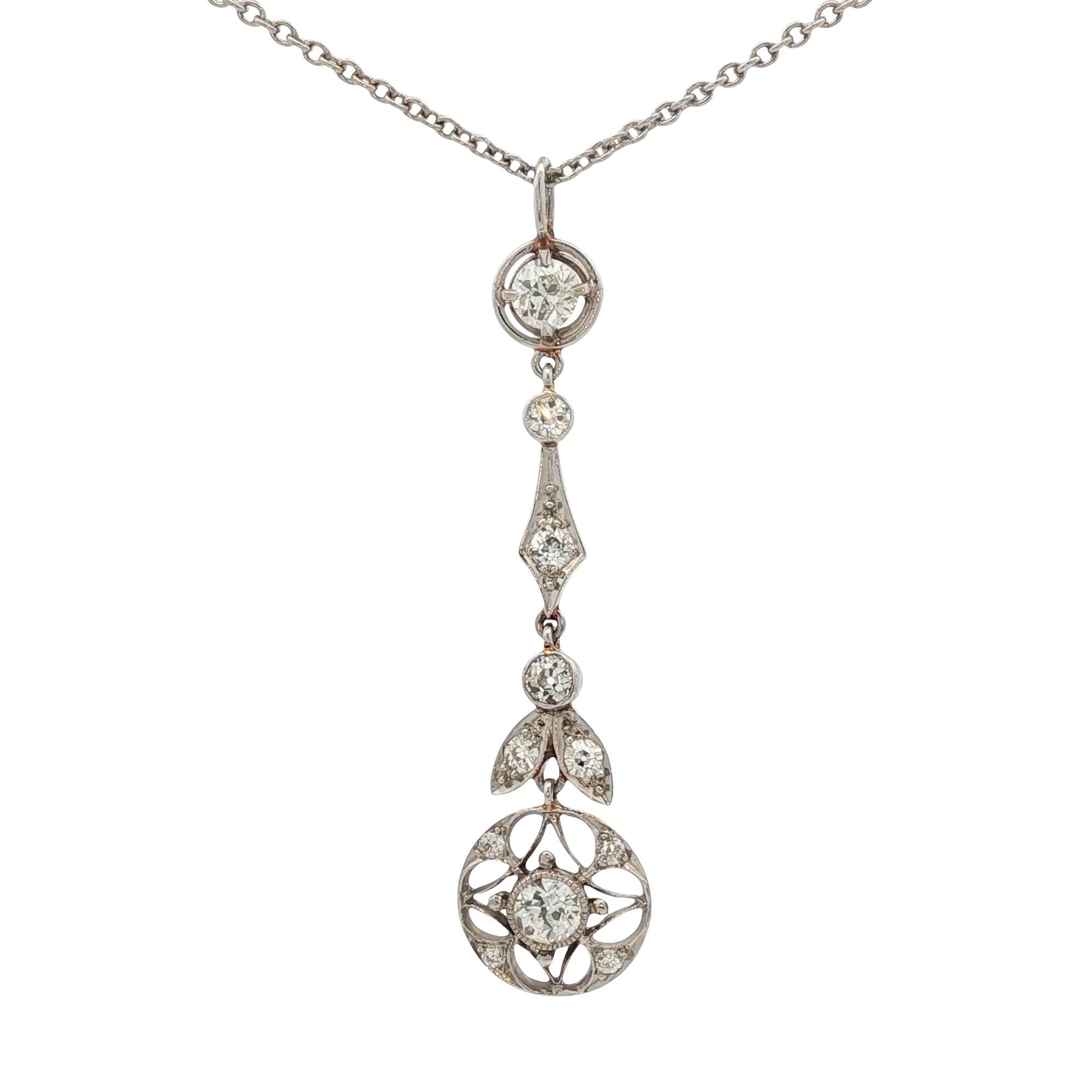 Old European Cut Diamond Platinum Lavalier Vintage Pendant Necklace Original Box