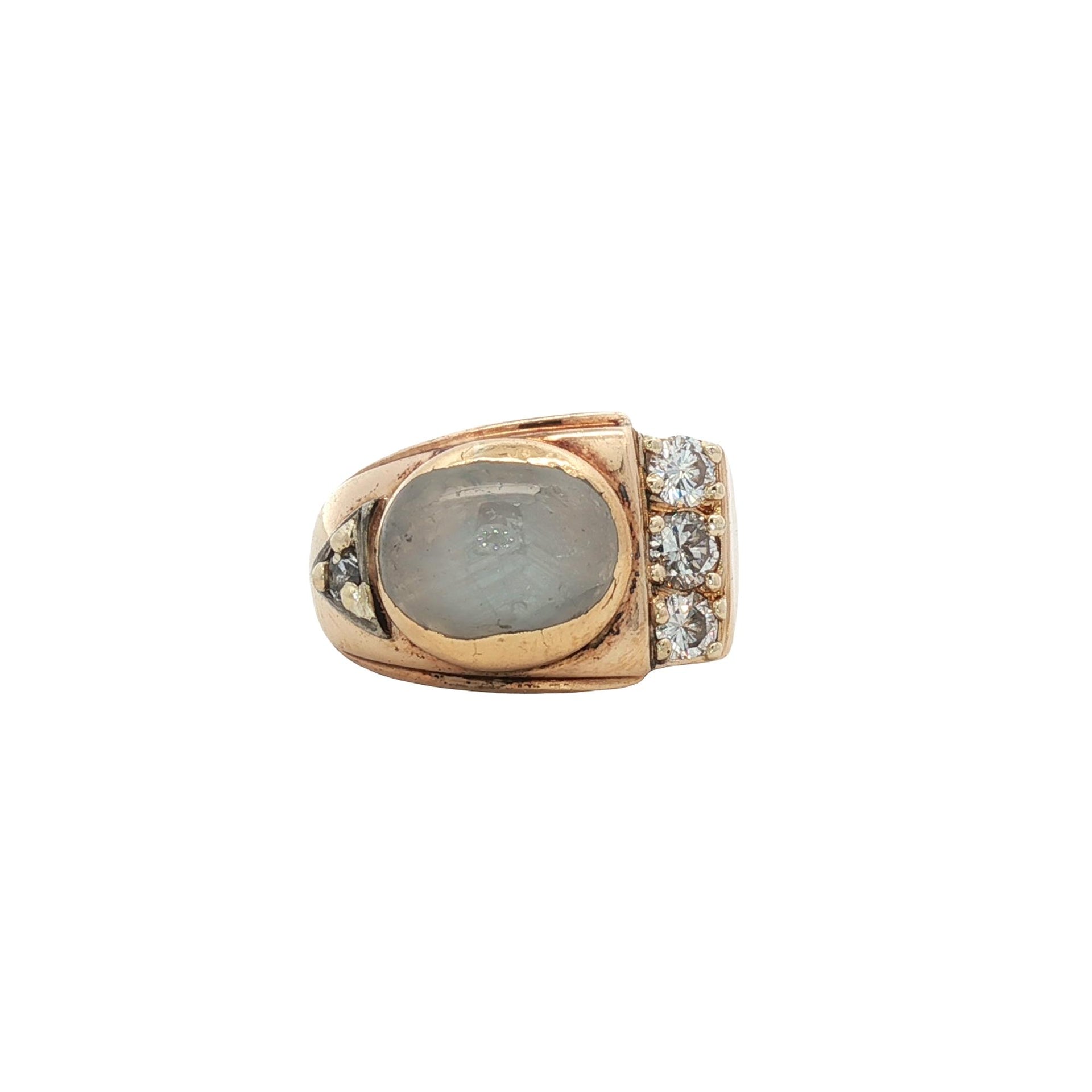 Retro Bezel Set Star Sapphire & Diamond 18 Karat Rose Gold Vintage Ring