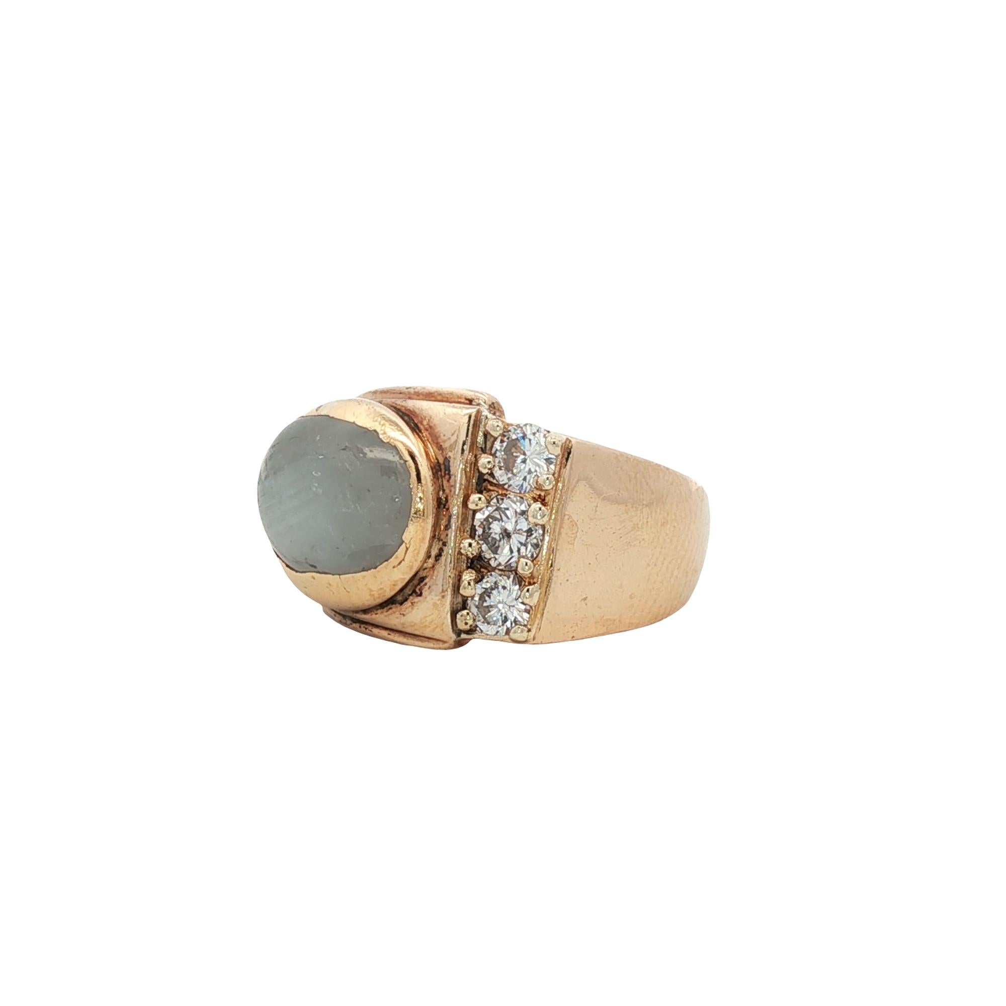 Retro Bezel Set Star Sapphire & Diamond 18 Karat Rose Gold Vintage Ring