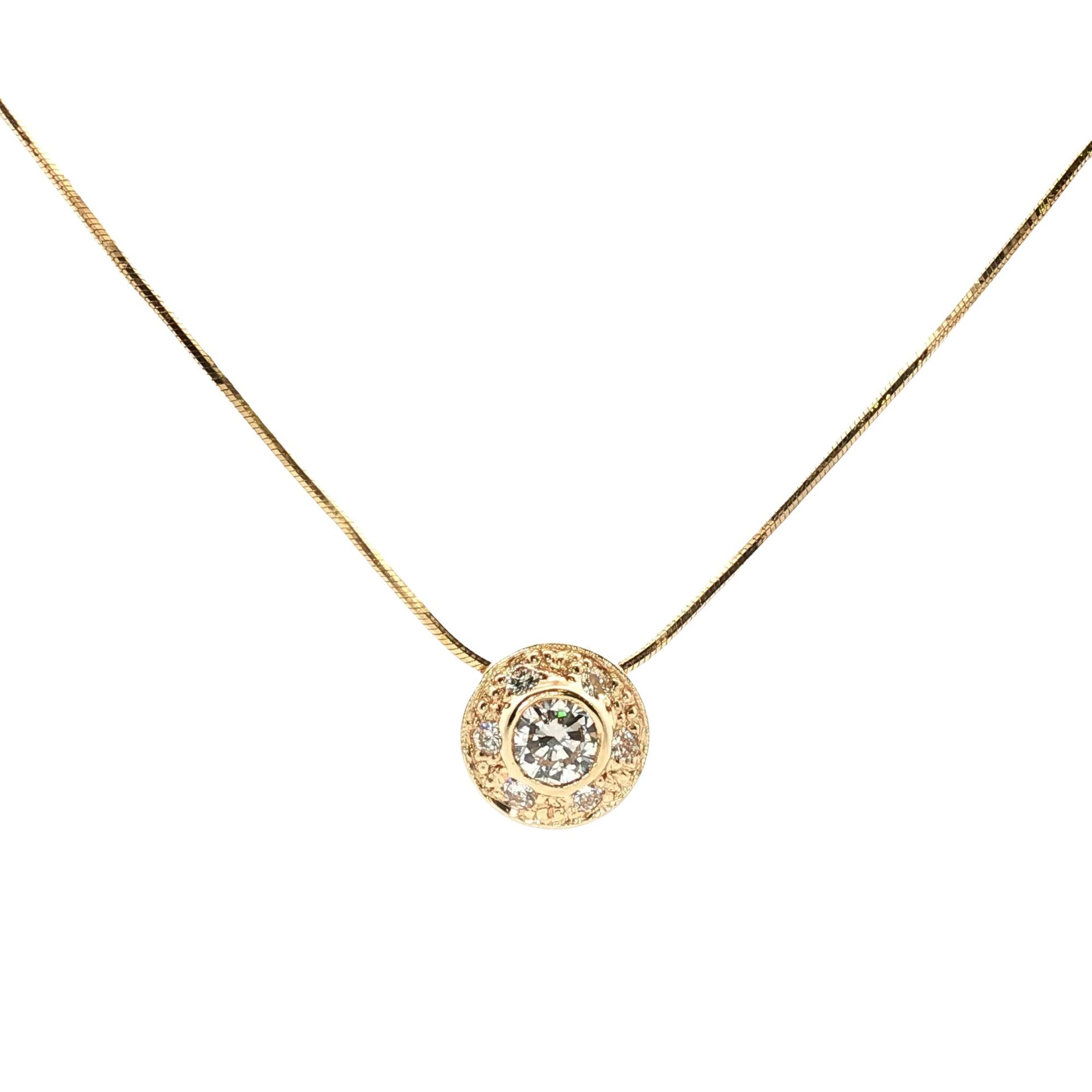 Round Bezel Set Diamond 14 Karat Yellow Gold Snake Chain Pendant Necklace