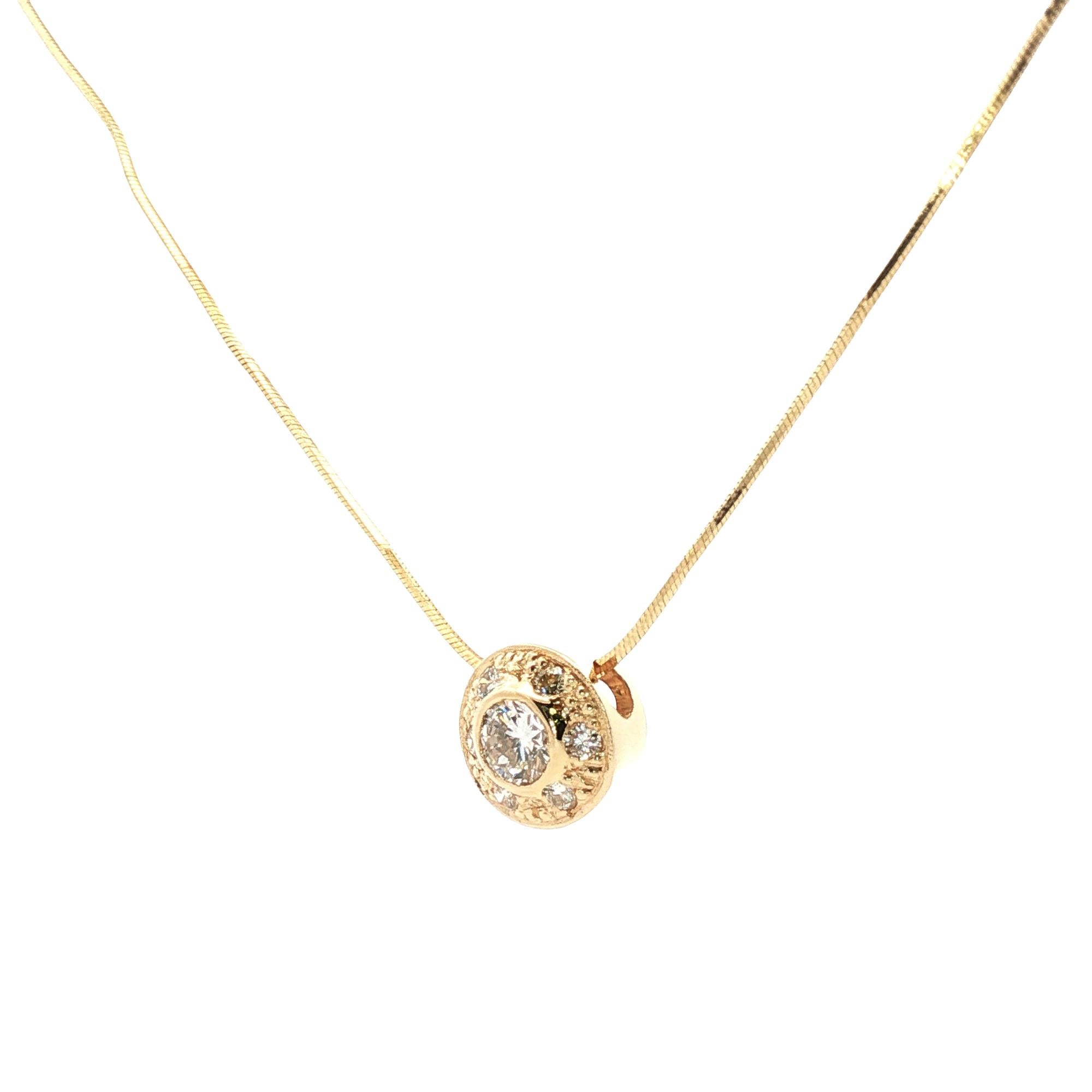 Round Bezel Set Diamond 14 Karat Yellow Gold Snake Chain Pendant Necklace