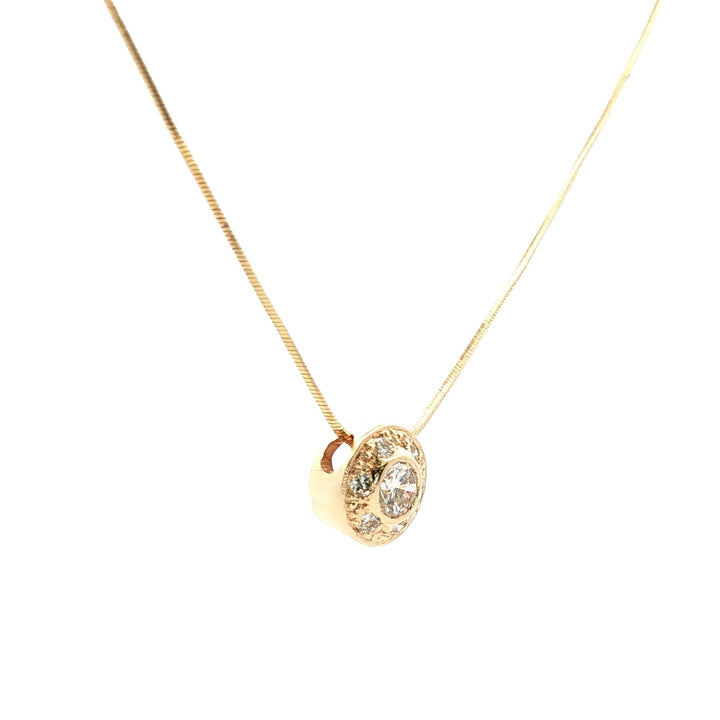 Round Bezel Set Diamond 14 Karat Yellow Gold Snake Chain Pendant Necklace