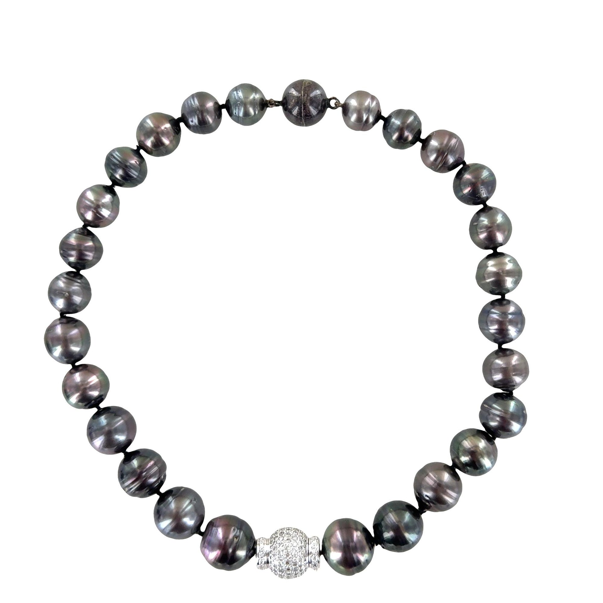 Tahitian Pearl Diamond Ball Clasp 18K White Gold 17 Inch Necklace