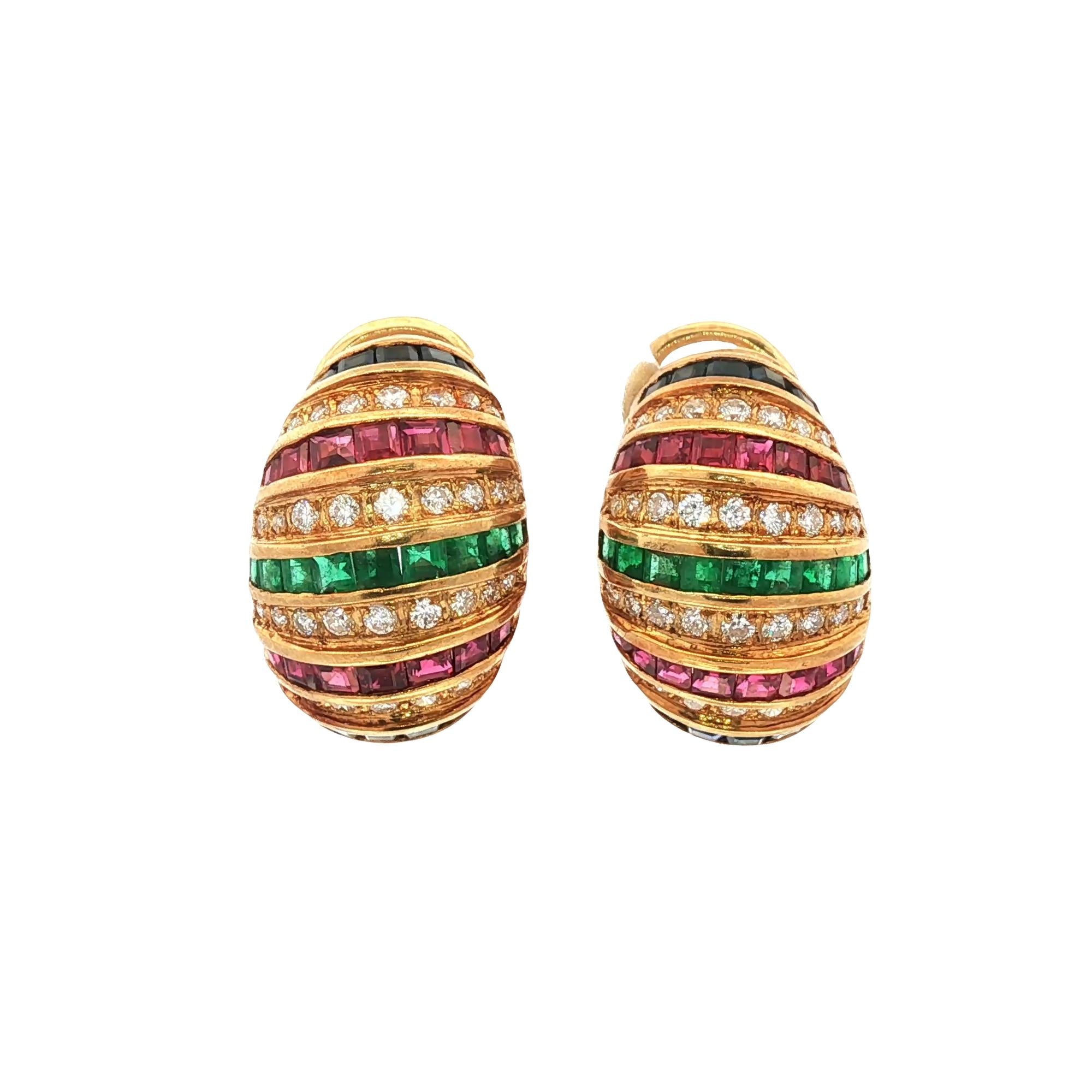 Diamond, Ruby, Emerald & Sapphire 18KYG Vintage Shrimp Earrings