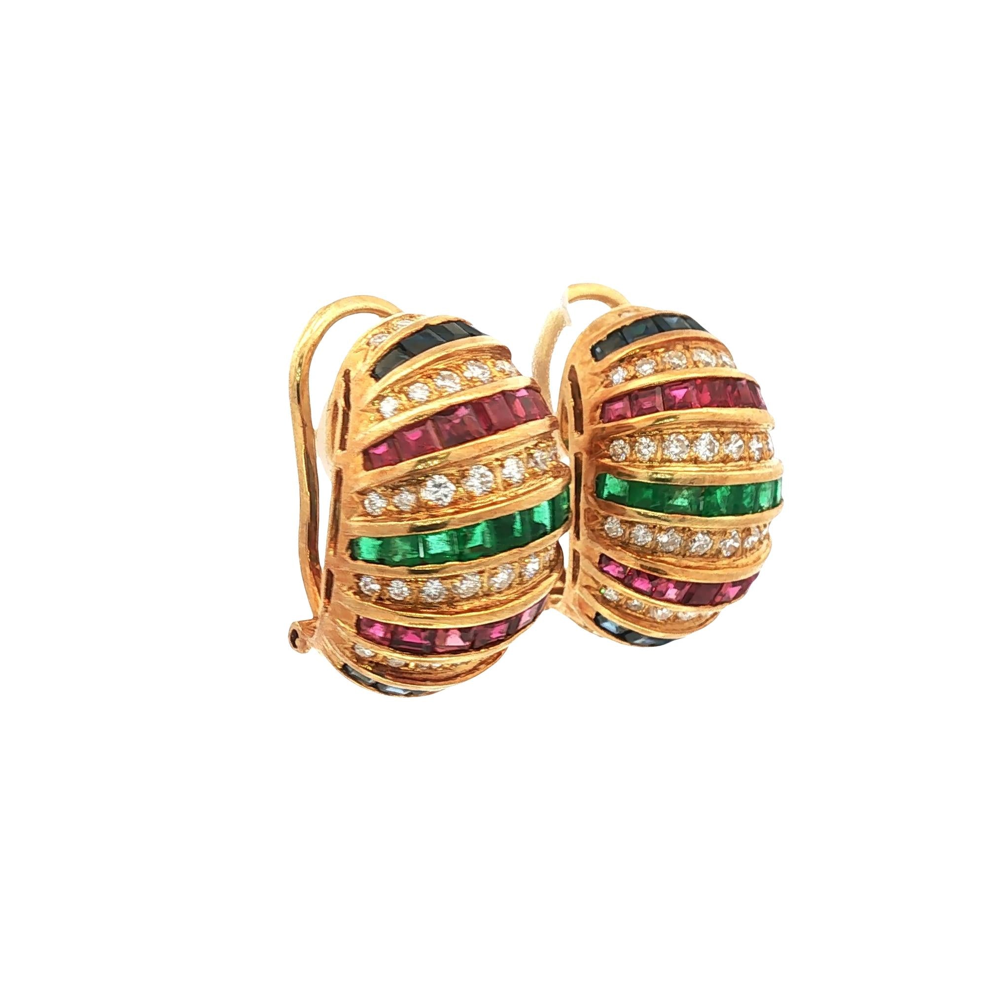 Diamond, Ruby, Emerald & Sapphire 18KYG Vintage Shrimp Earrings