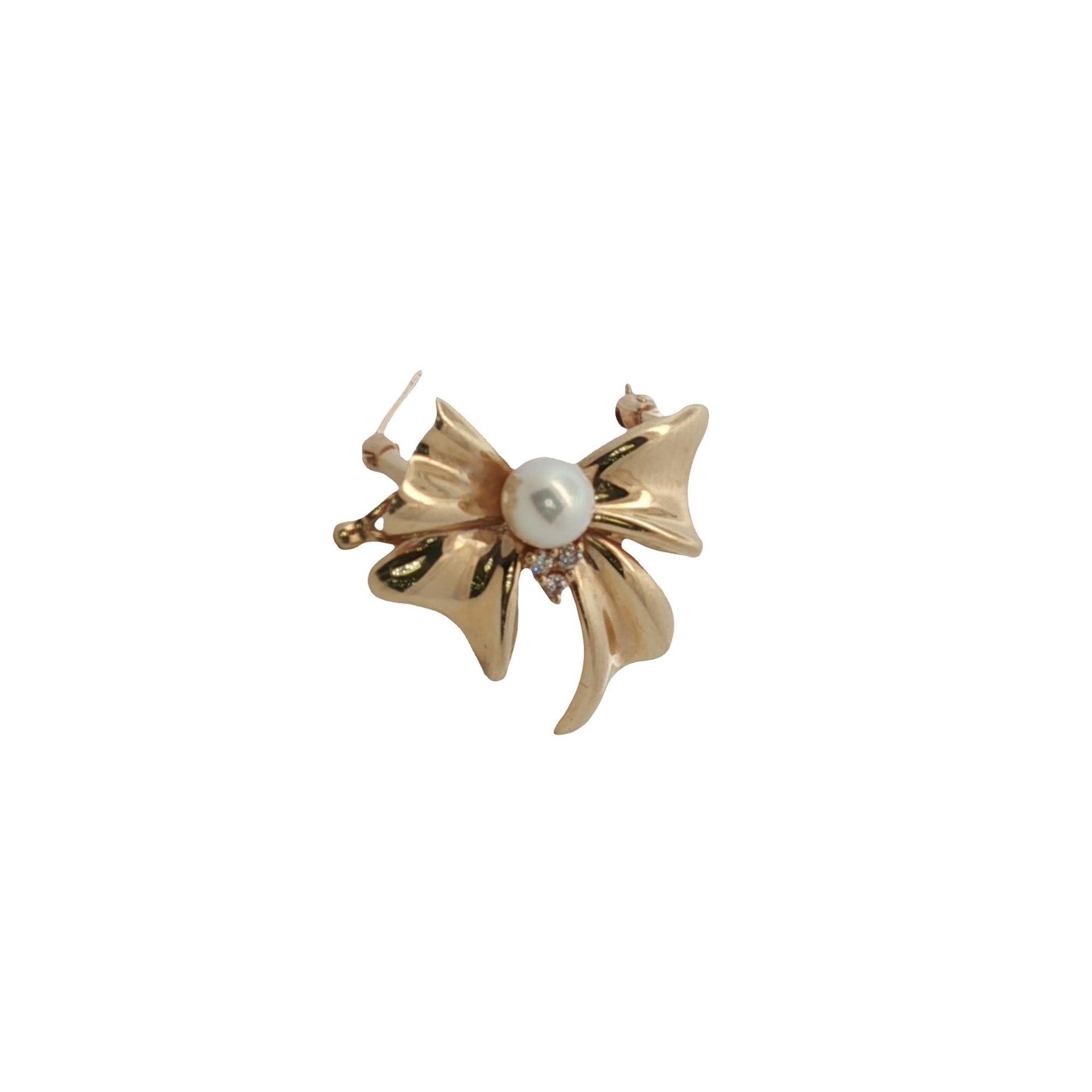Pearl Diamond 14 Karat Yellow Gold Bow Brooch & Pearl Shortener