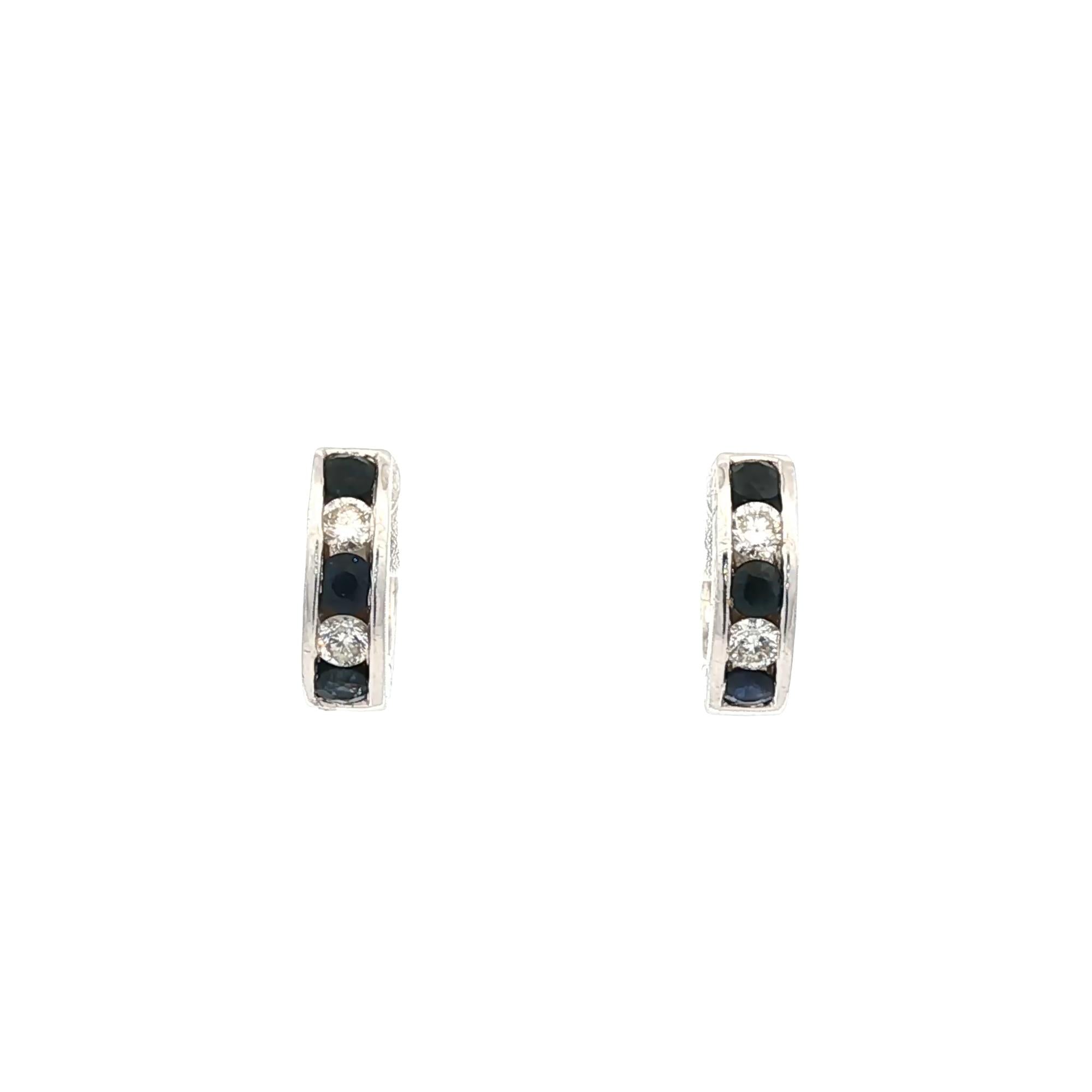 Diamond Sapphire 14 Karat White Gold Huggie Hoop Modern Earrings