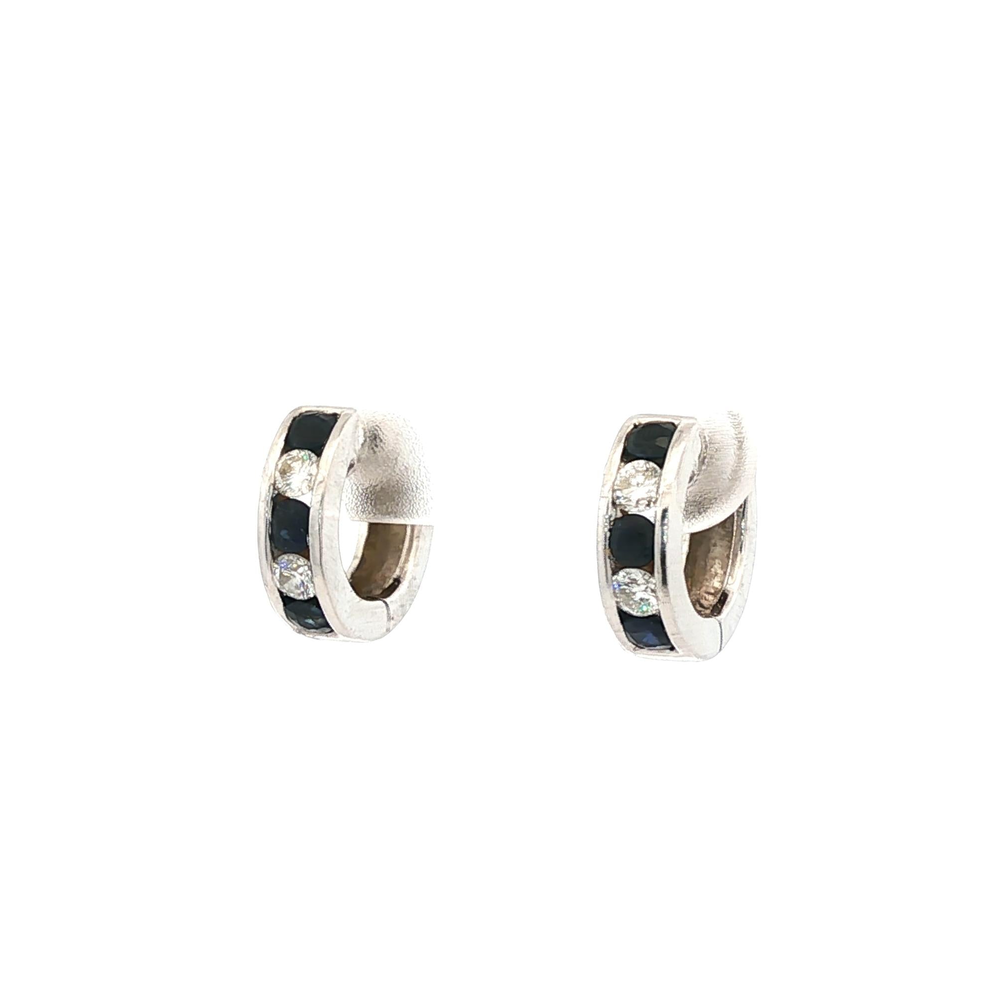 Diamond Sapphire 14 Karat White Gold Huggie Hoop Modern Earrings