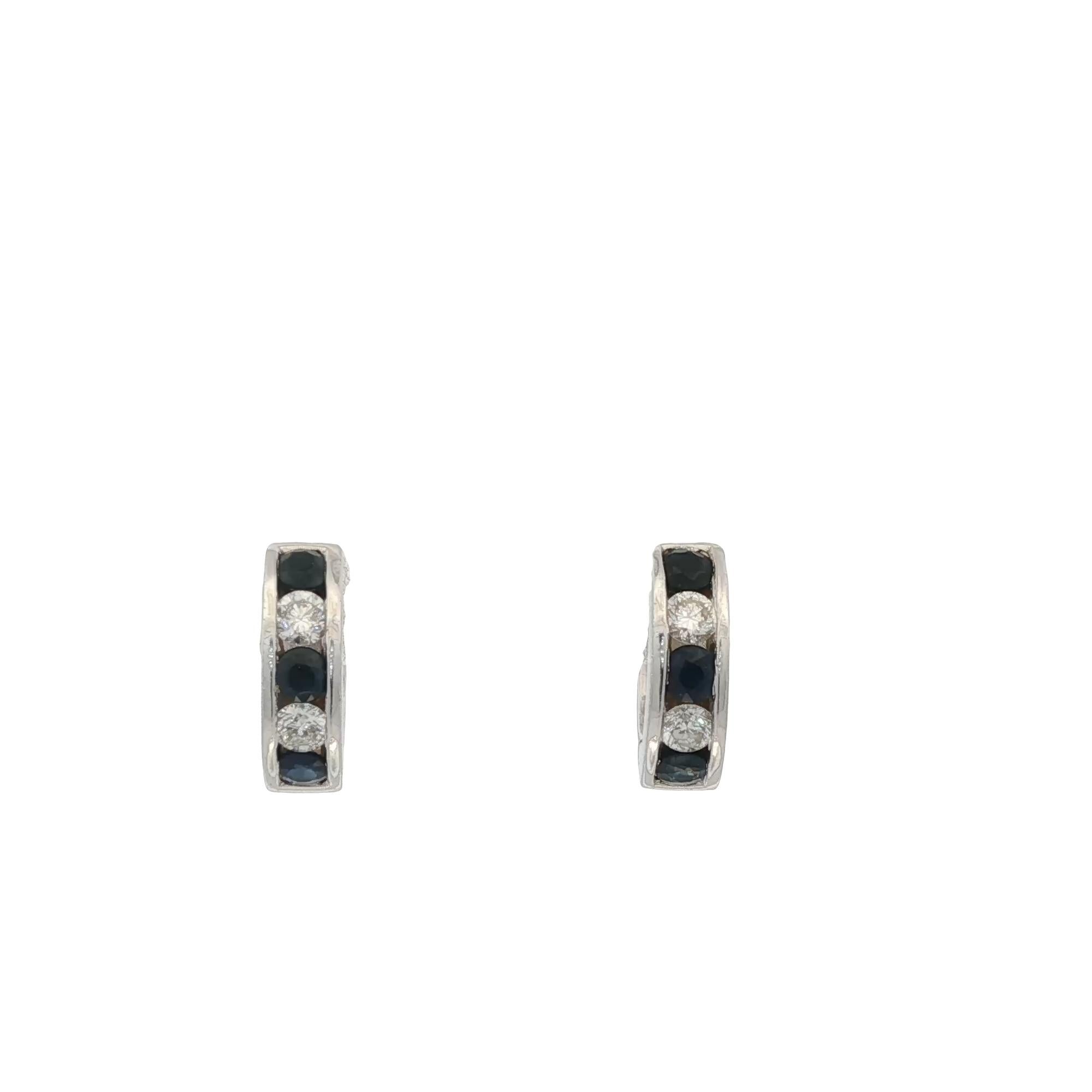 Diamond Sapphire 14 Karat White Gold Huggie Hoop Modern Earrings