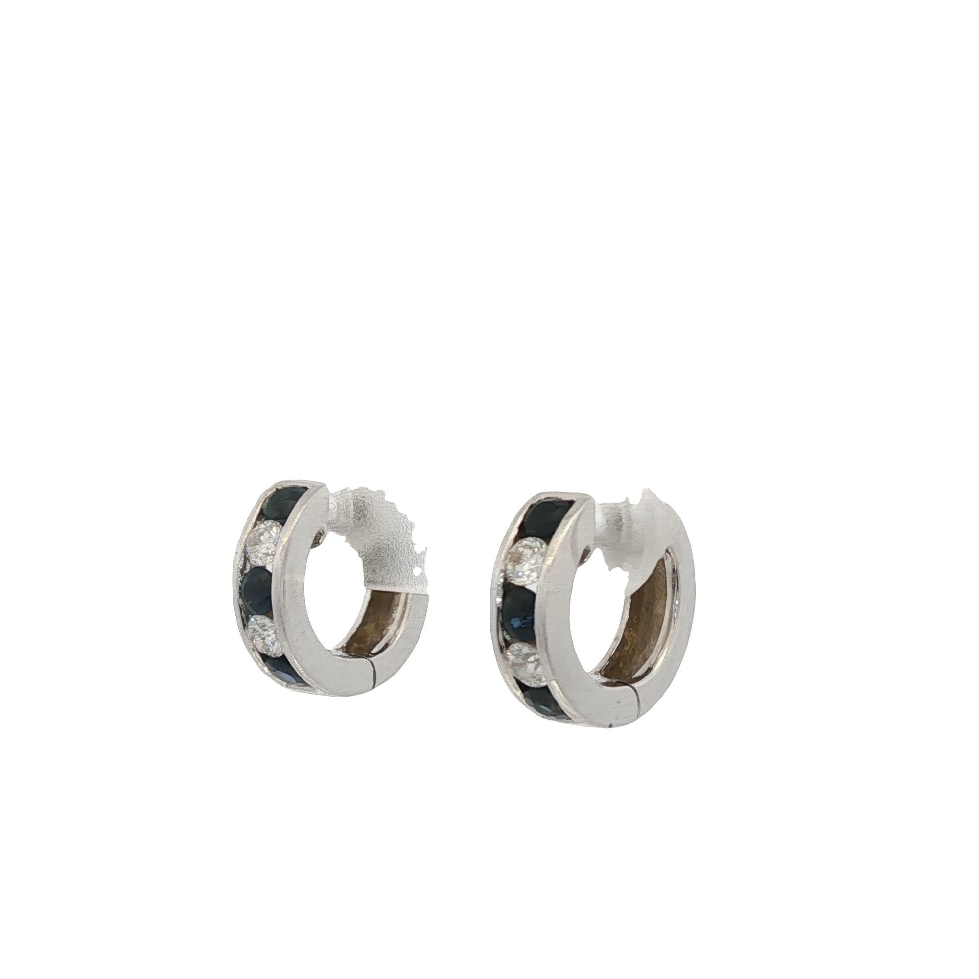 Diamond Sapphire 14 Karat White Gold Huggie Hoop Modern Earrings