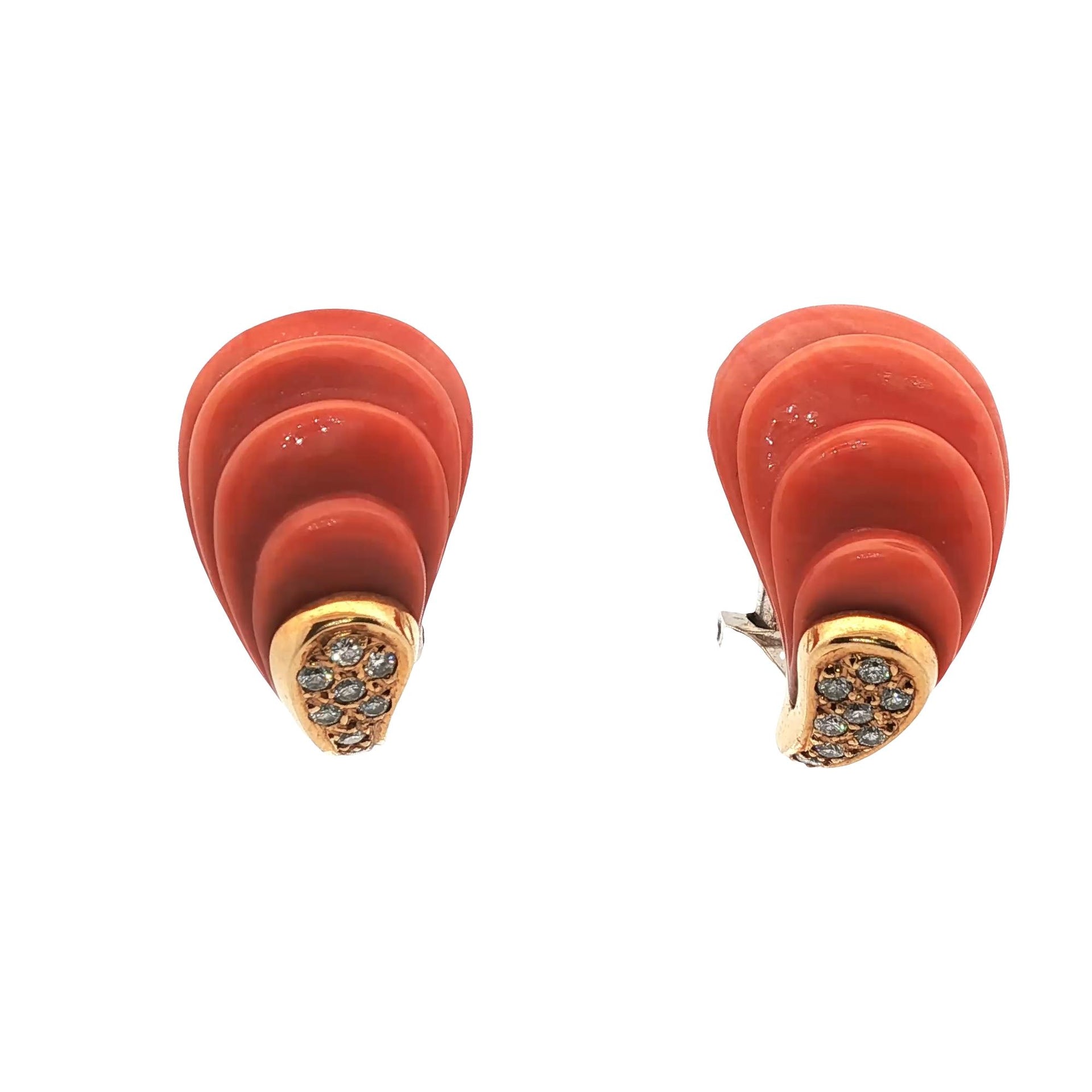 1960's Carved Coral Diamond 18 Karat Yellow Gold Vintage Earclip Earrings