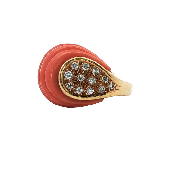 1960's Carved Coral Diamond 18 Karat Yellow Gold Cocktail Ring