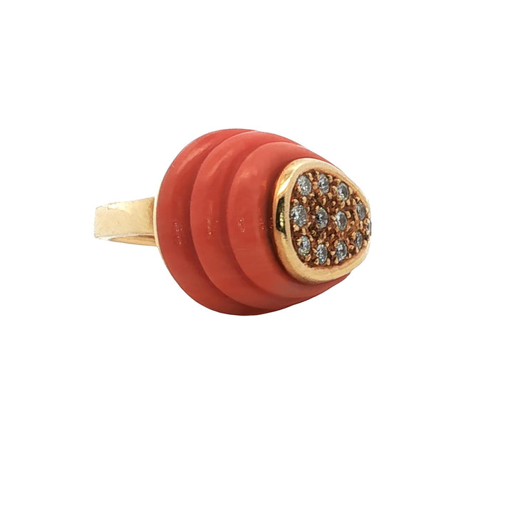 1960's Carved Coral Diamond 18 Karat Yellow Gold Cocktail Ring