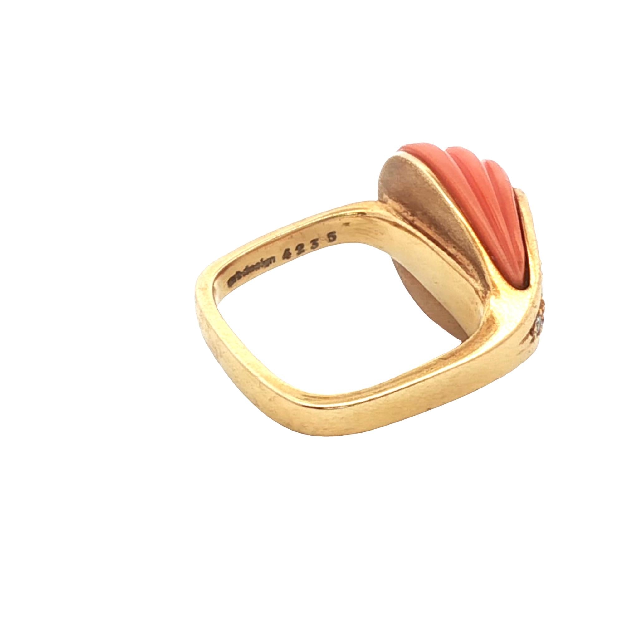 1960's Carved Coral Diamond 18 Karat Yellow Gold Cocktail Ring