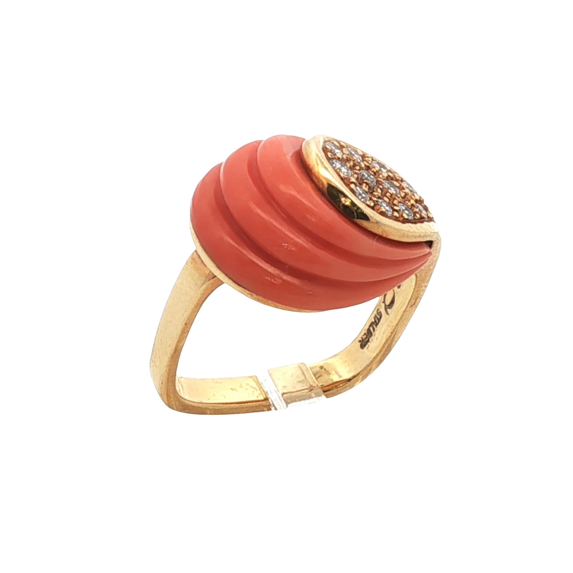 1960's Carved Coral Diamond 18 Karat Yellow Gold Cocktail Ring
