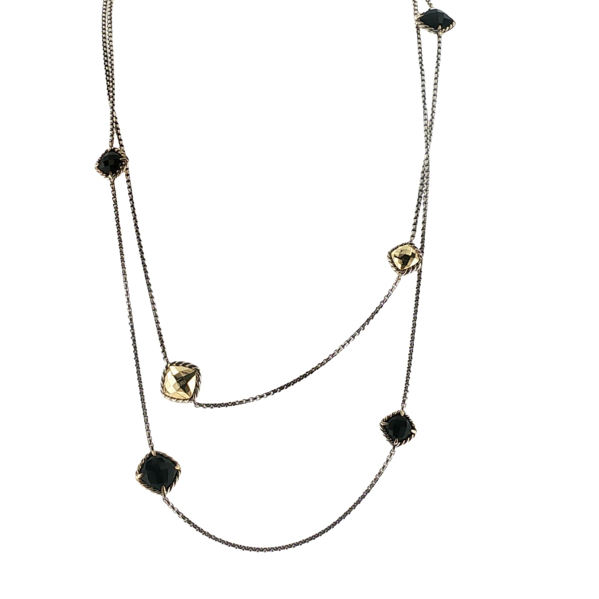 David Yurman Onyx 18 Karat Yellow Gold 6 Station 36 Inch Sterling SilverNecklace