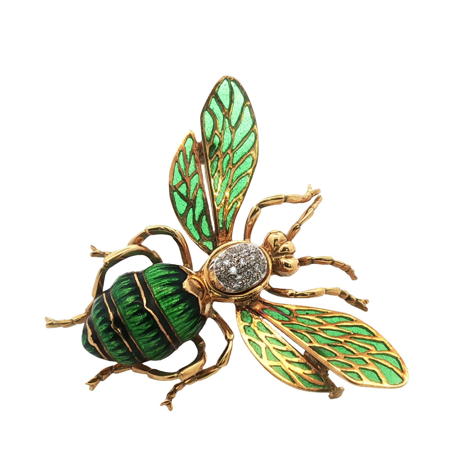 Diamond Plique-à-jour Enamel 18 Karat Yellow Gold Vintage Bee Brooch Pin
