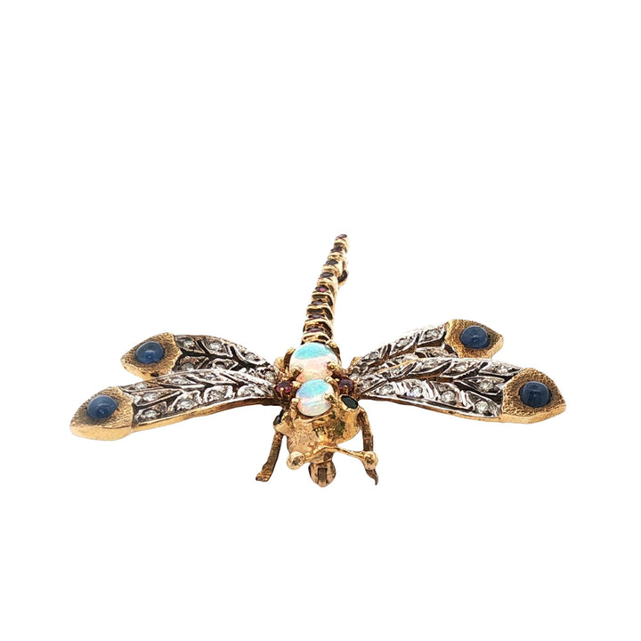 Diamond Opal Sapphire Ruby 14KYG  Dragonfy Brooch Pin Late 20th Century