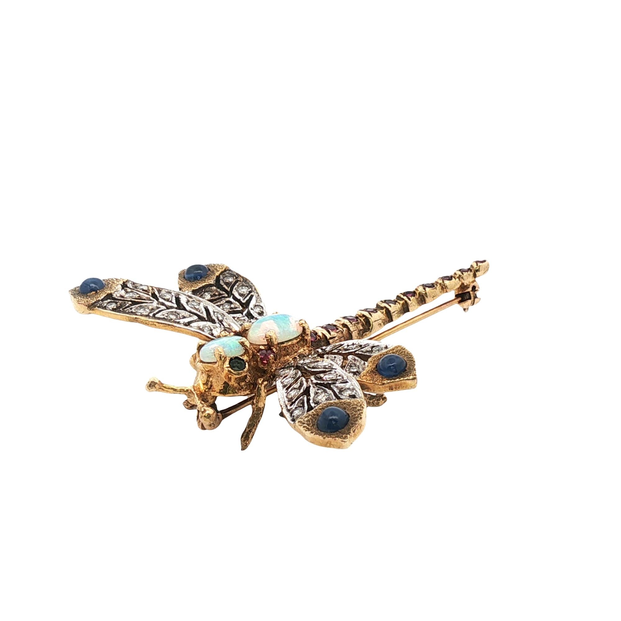 Diamond Opal Sapphire Ruby 14KYG  Dragonfy Brooch Pin Late 20th Century