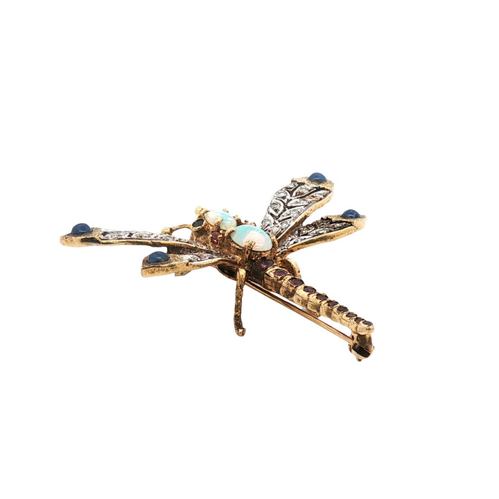 Diamond Opal Sapphire Ruby 14KYG  Dragonfy Brooch Pin Late 20th Century