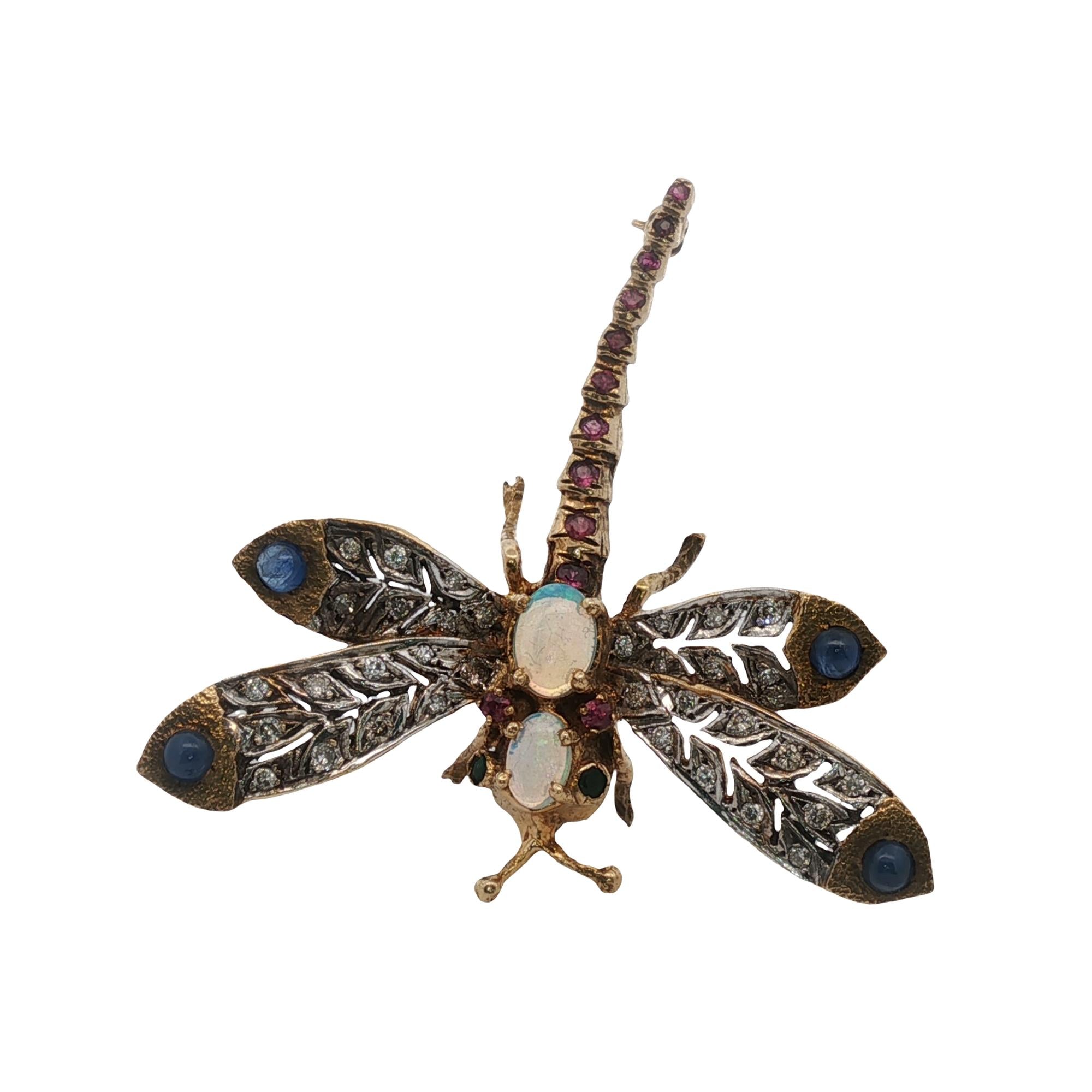 Diamond Opal Sapphire Ruby 14KYG  Dragonfy Brooch Pin Late 20th Century