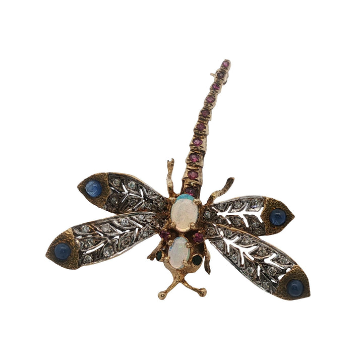 Diamond Opal Sapphire Ruby 14KYG  Dragonfy Brooch Pin Late 20th Century