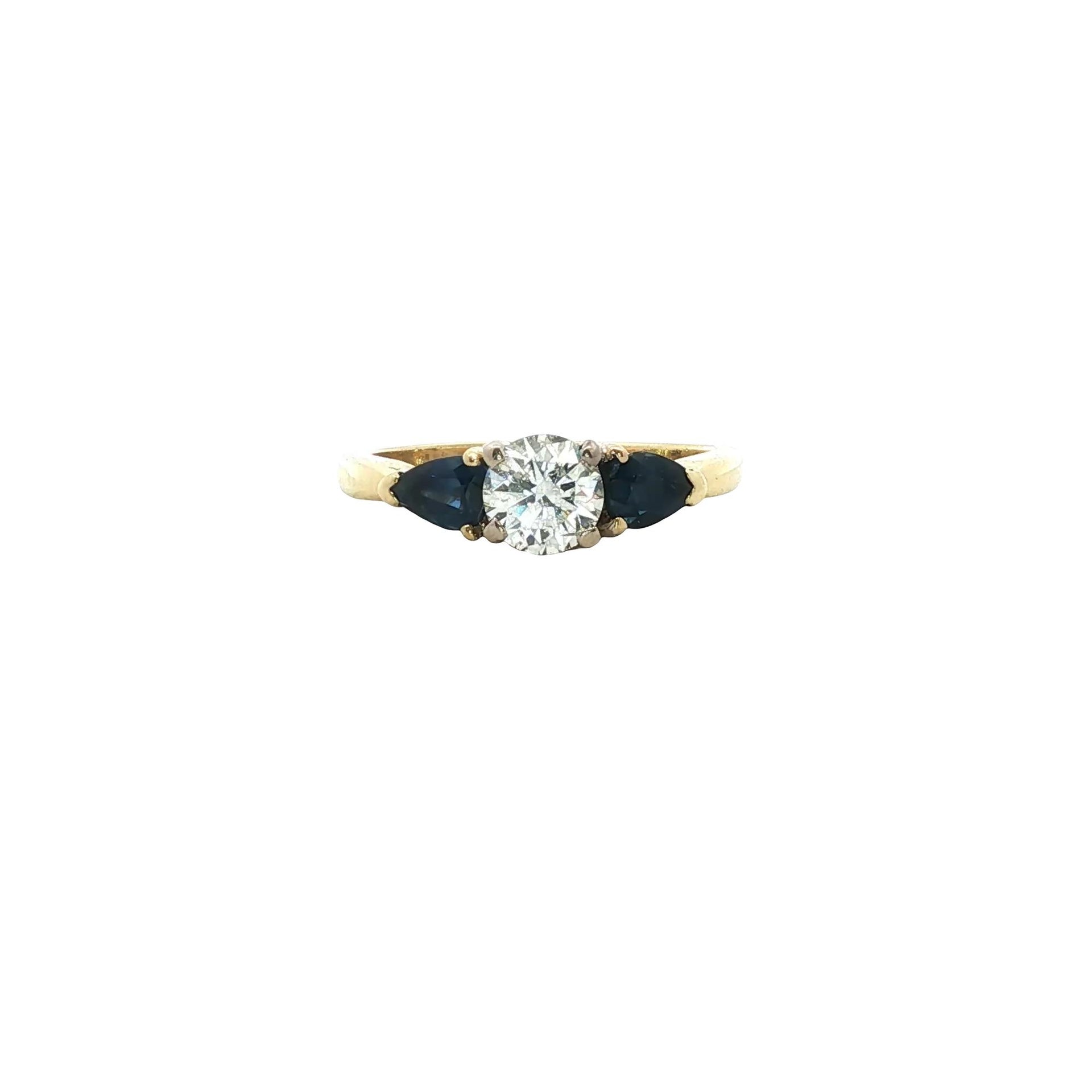 Diamond Blue Sapphire 18 Karat Yellow Gold Three Stone Band Ring