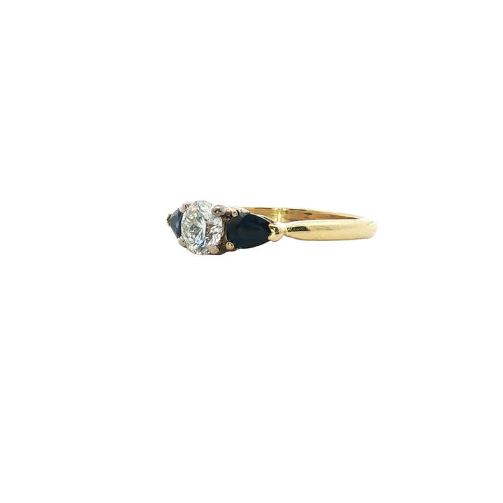 Diamond Blue Sapphire 18 Karat Yellow Gold Three Stone Band Ring