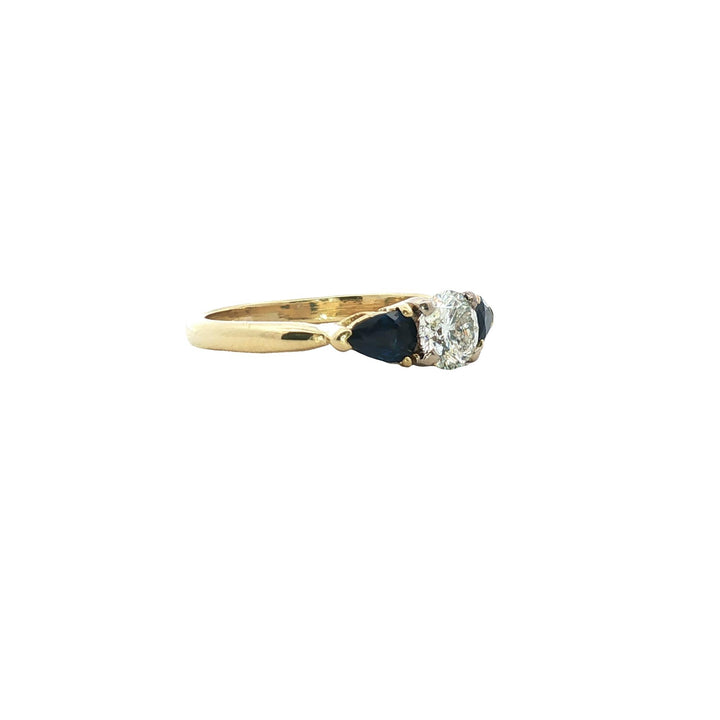 Diamond Blue Sapphire 18 Karat Yellow Gold Three Stone Band Ring