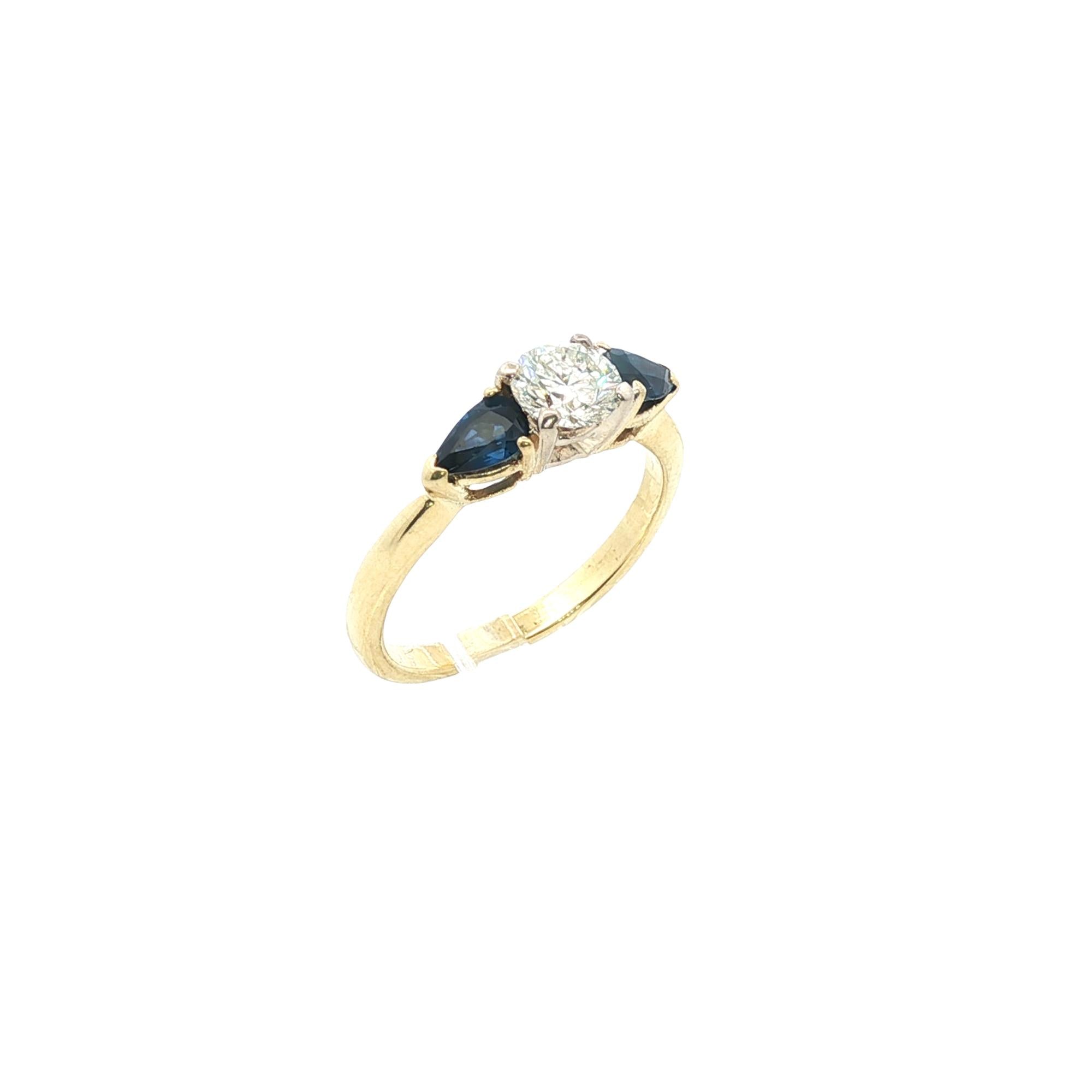 Diamond Blue Sapphire 18 Karat Yellow Gold Three Stone Band Ring