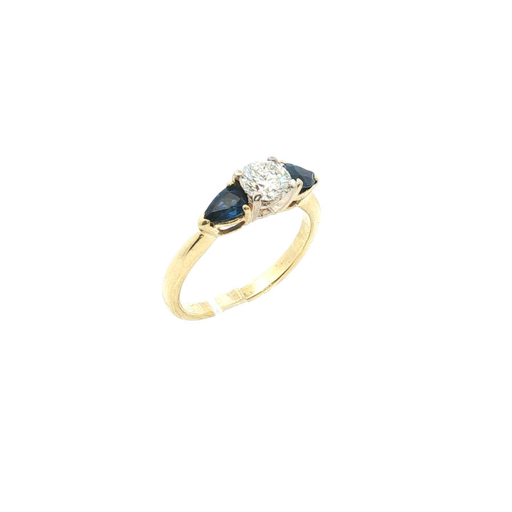 Diamond Blue Sapphire 18 Karat Yellow Gold Three Stone Band Ring