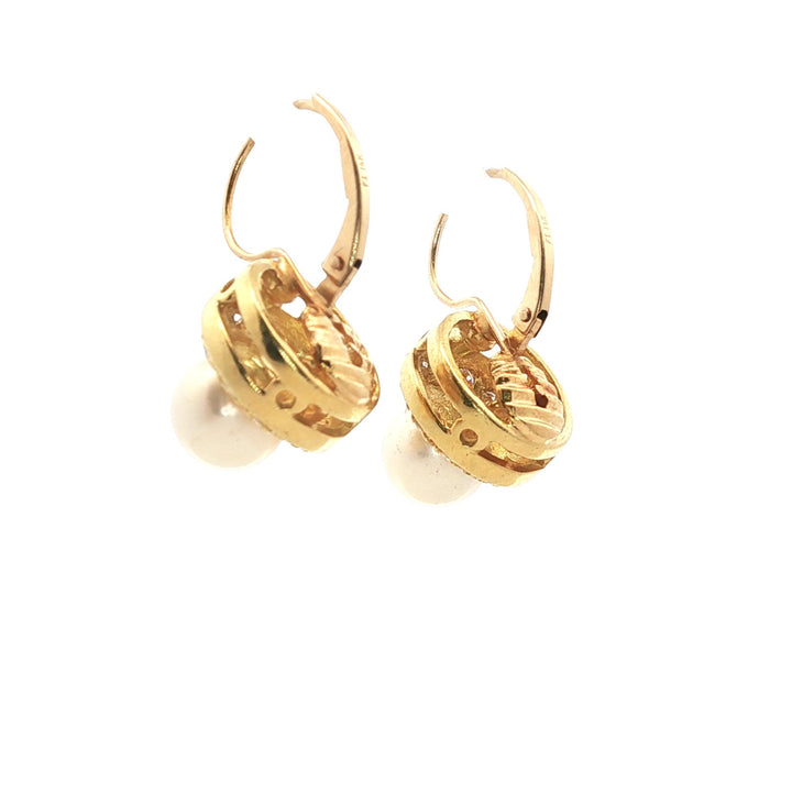 Diamond & Pearl Yellow Gold Dangle Vintage Earrings