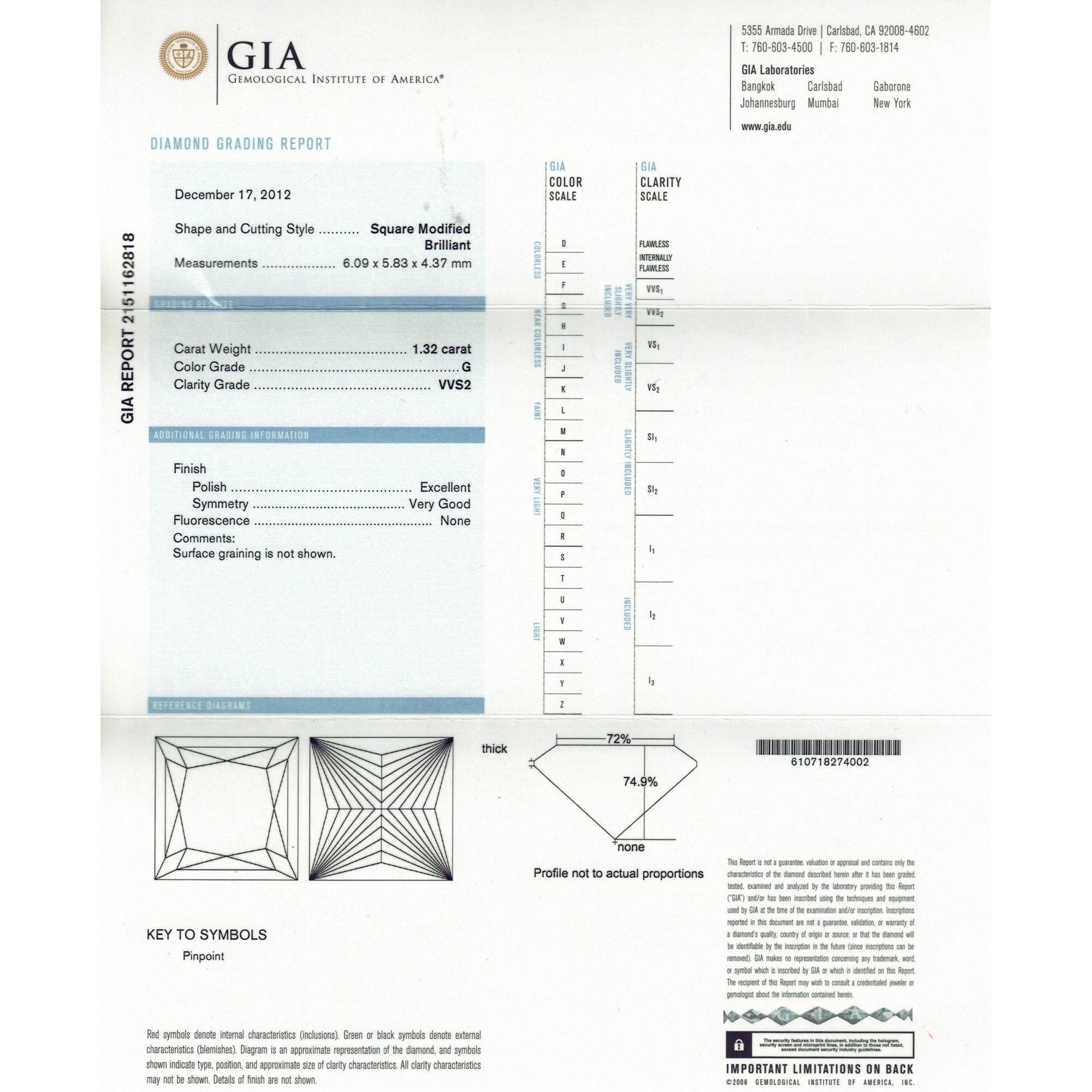 1.32 Carat Princess-Cut Diamond Platinum Engagement Ring GIA Certified